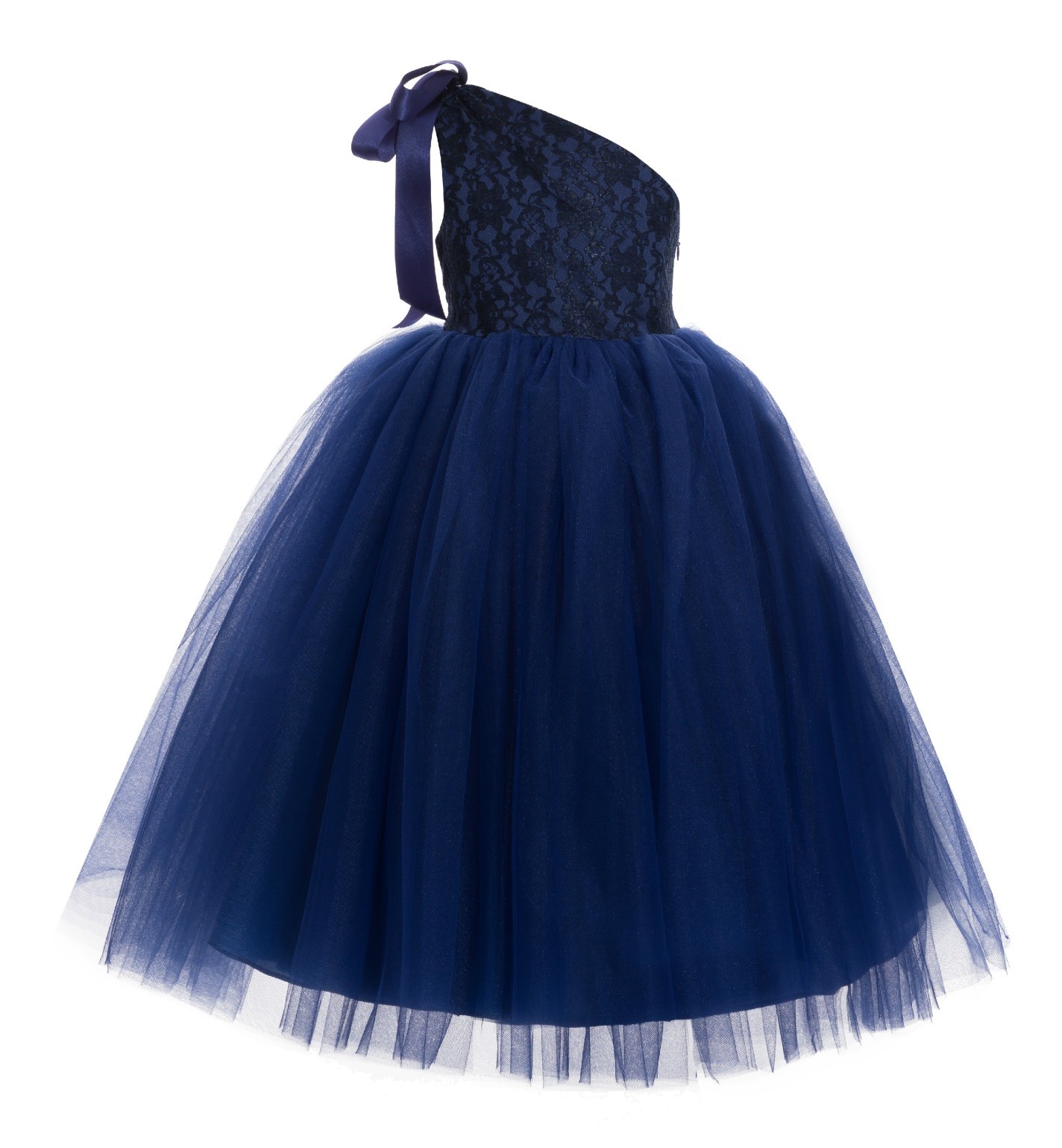Navy Blue One-Shoulder Lace Tutu Flower Girl Dress 182Lace