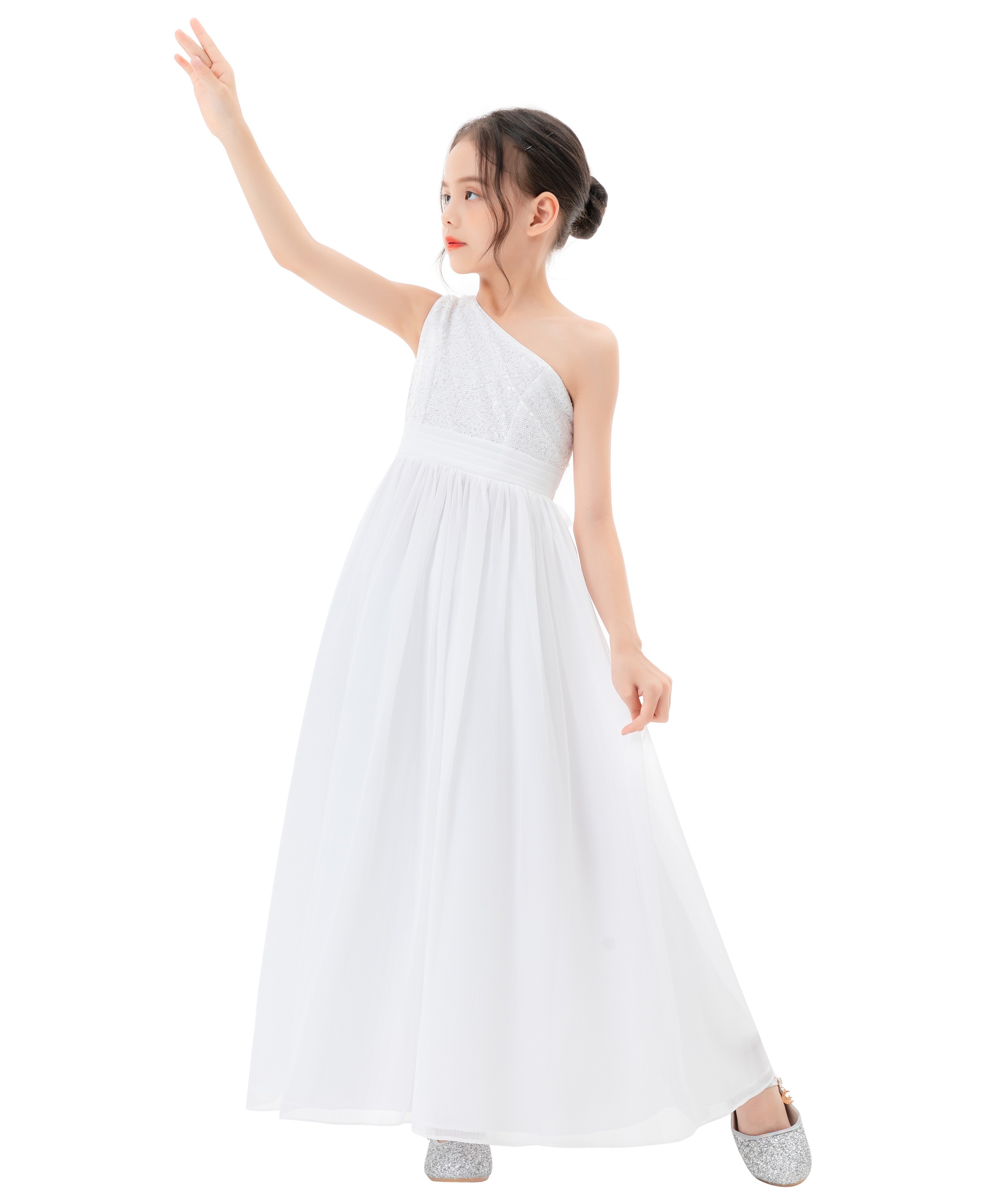White One Shoulder Chiffon Flower Girl Dress 328