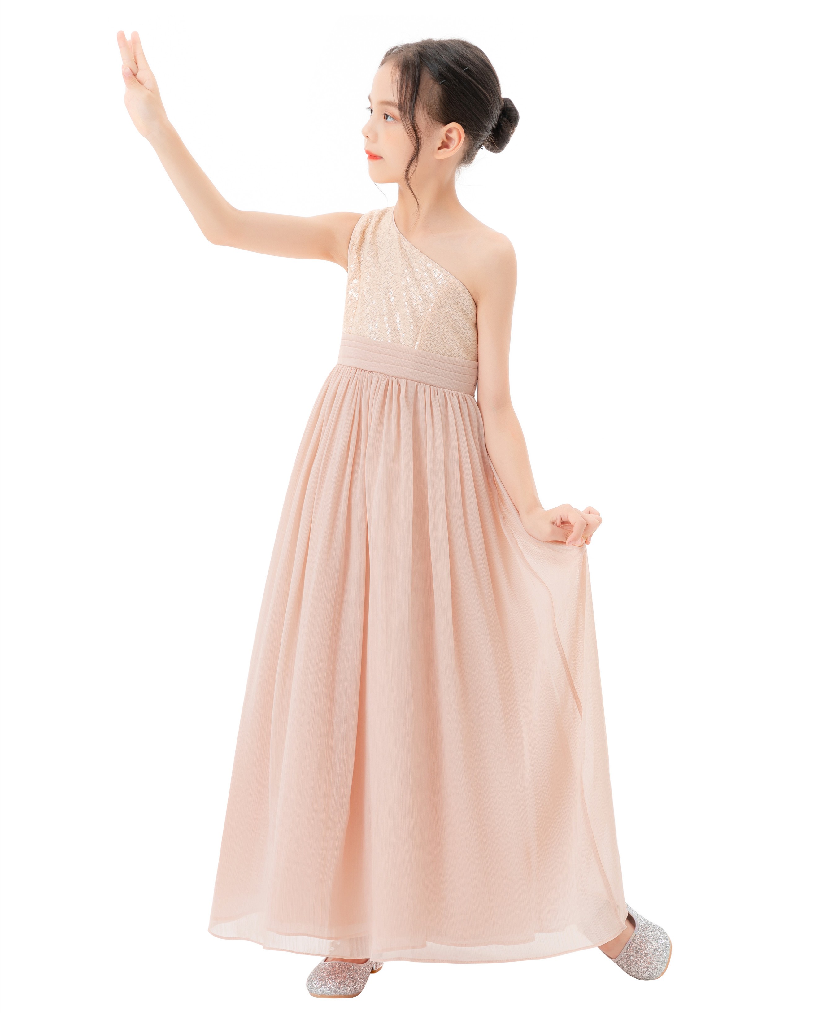 Blush Pink One Shoulder Chiffon Flower Girl Dress 328