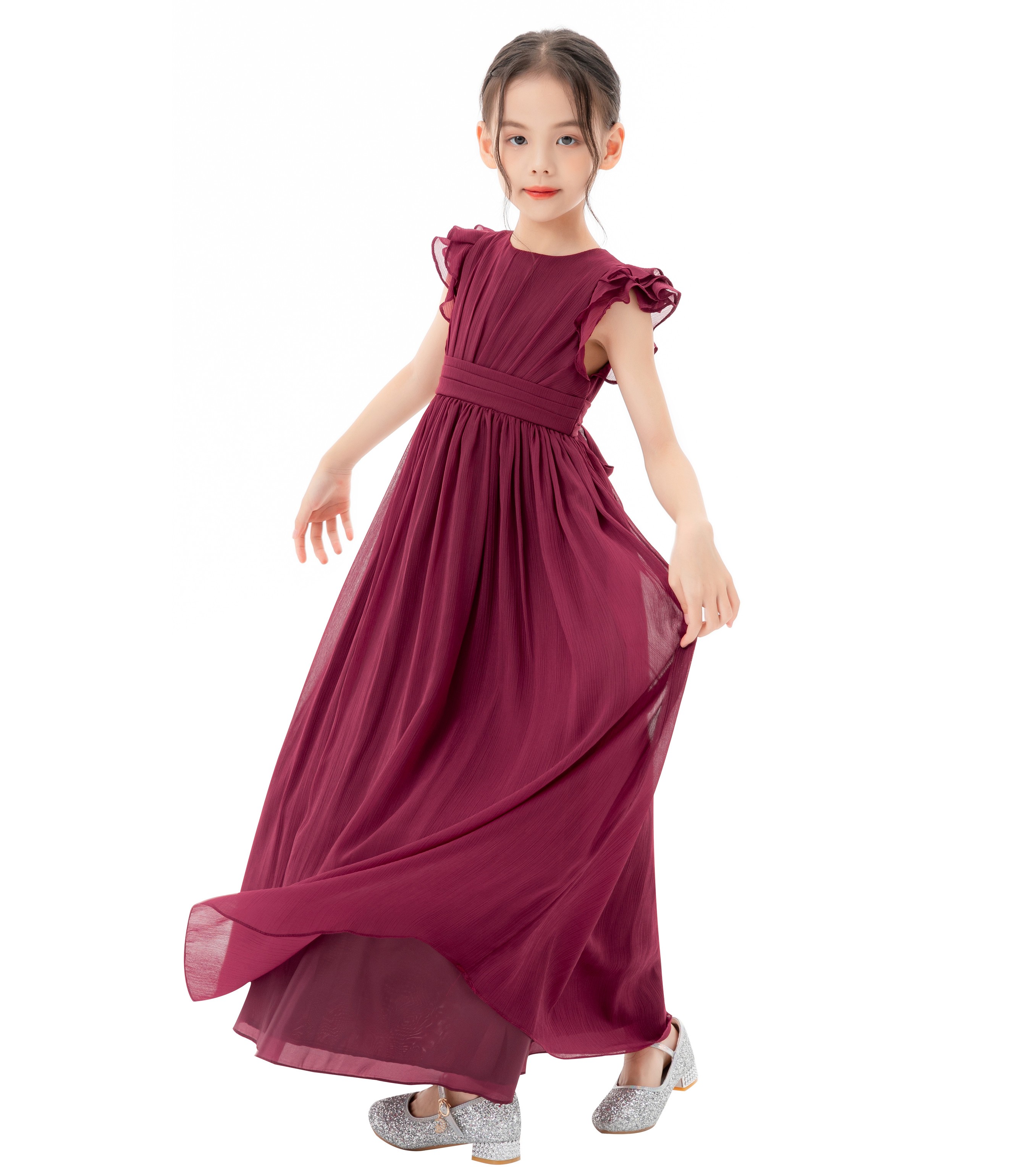 Burgundy Chiffon Flower Girl Dress Ruffle Chiffon 822