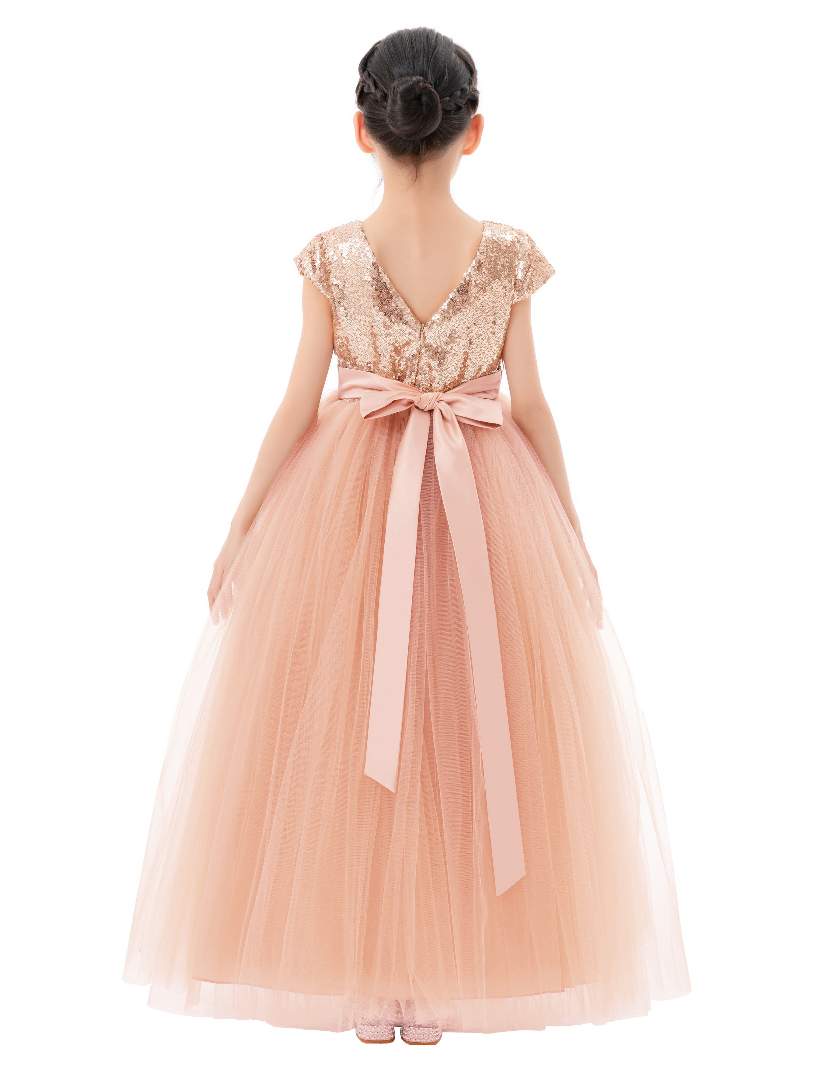 Rose Gold / Blush Pink Sequin Flower Girl Dress Cap Sleeves 323