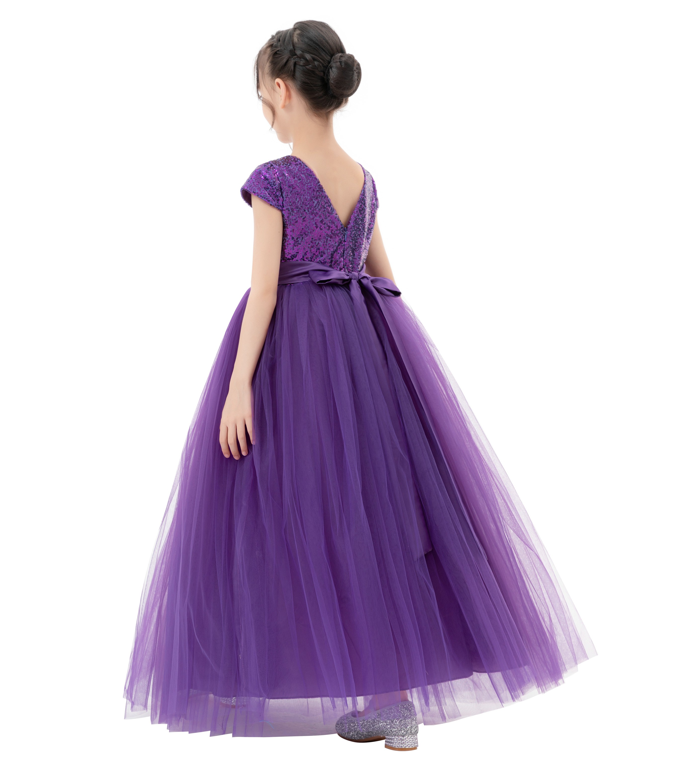 Purple Sequin Flower Girl Dress Cap Sleeves 323
