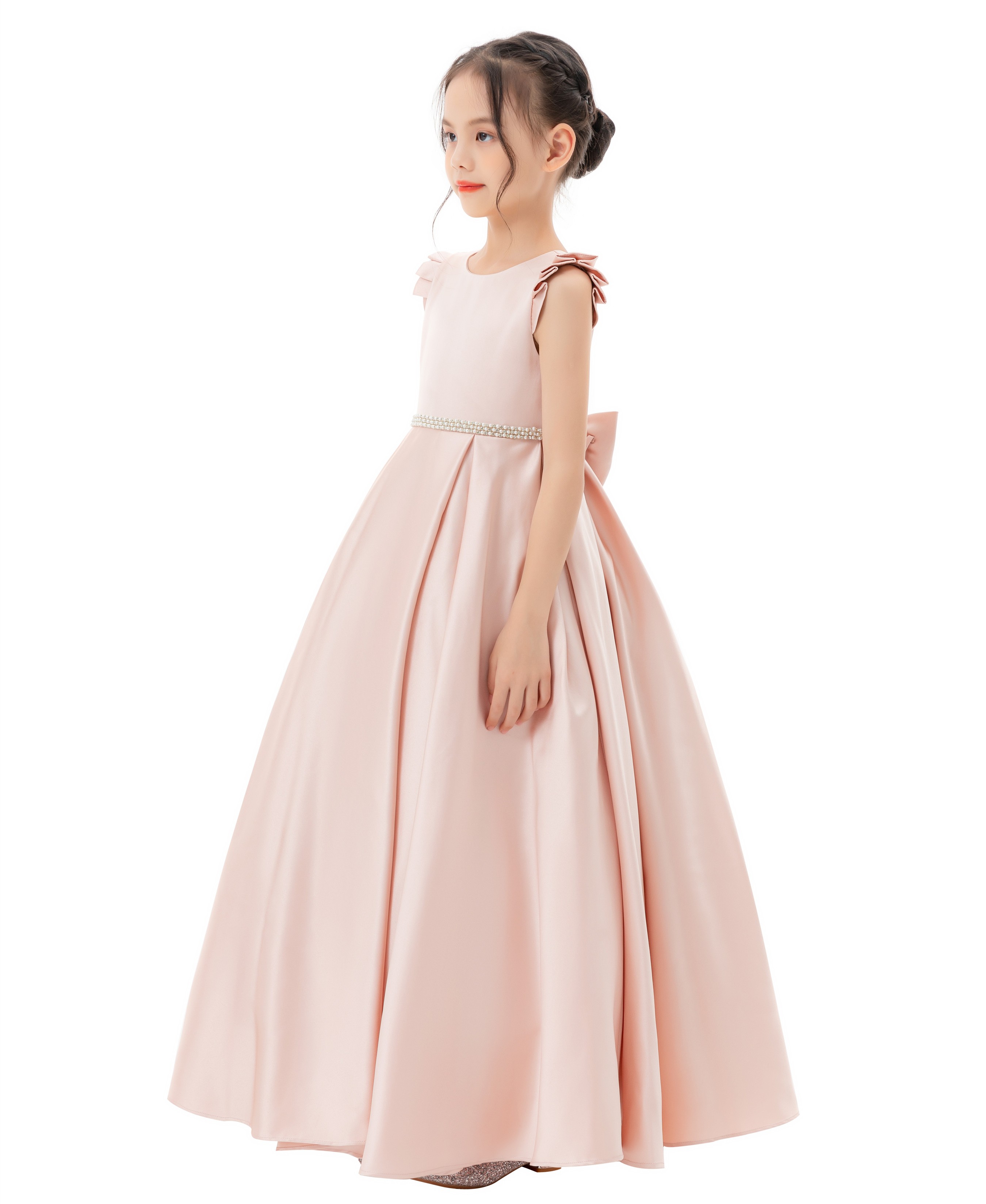 Blush Pink Satin V-Back Dress with Rhinestone 326