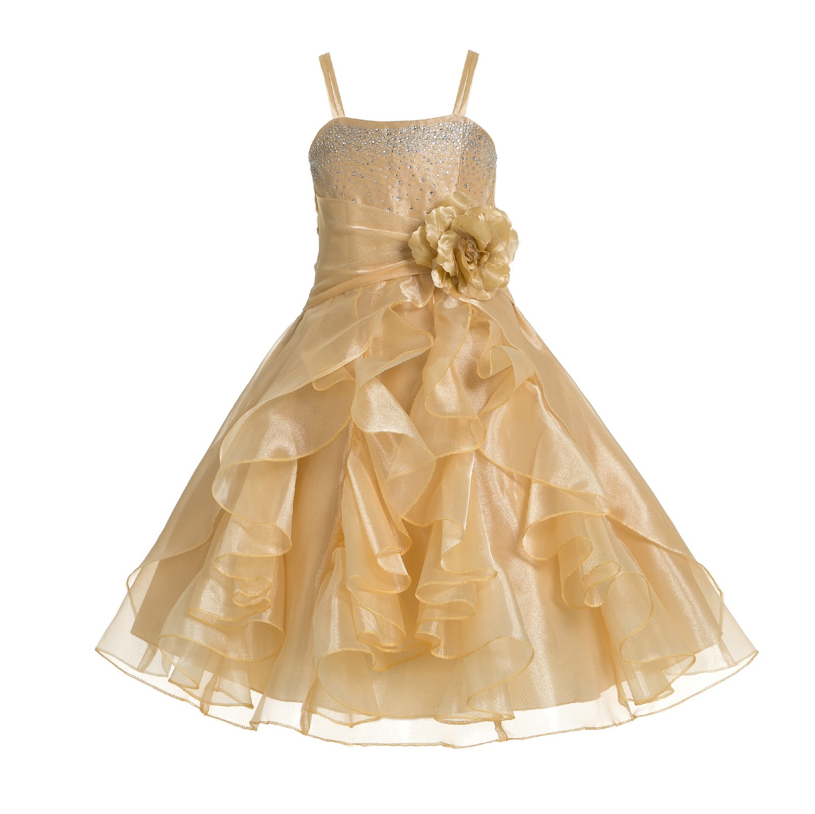 Gold Shimmering Organza Rhinestones Flower Girl Dress Formal J120NF