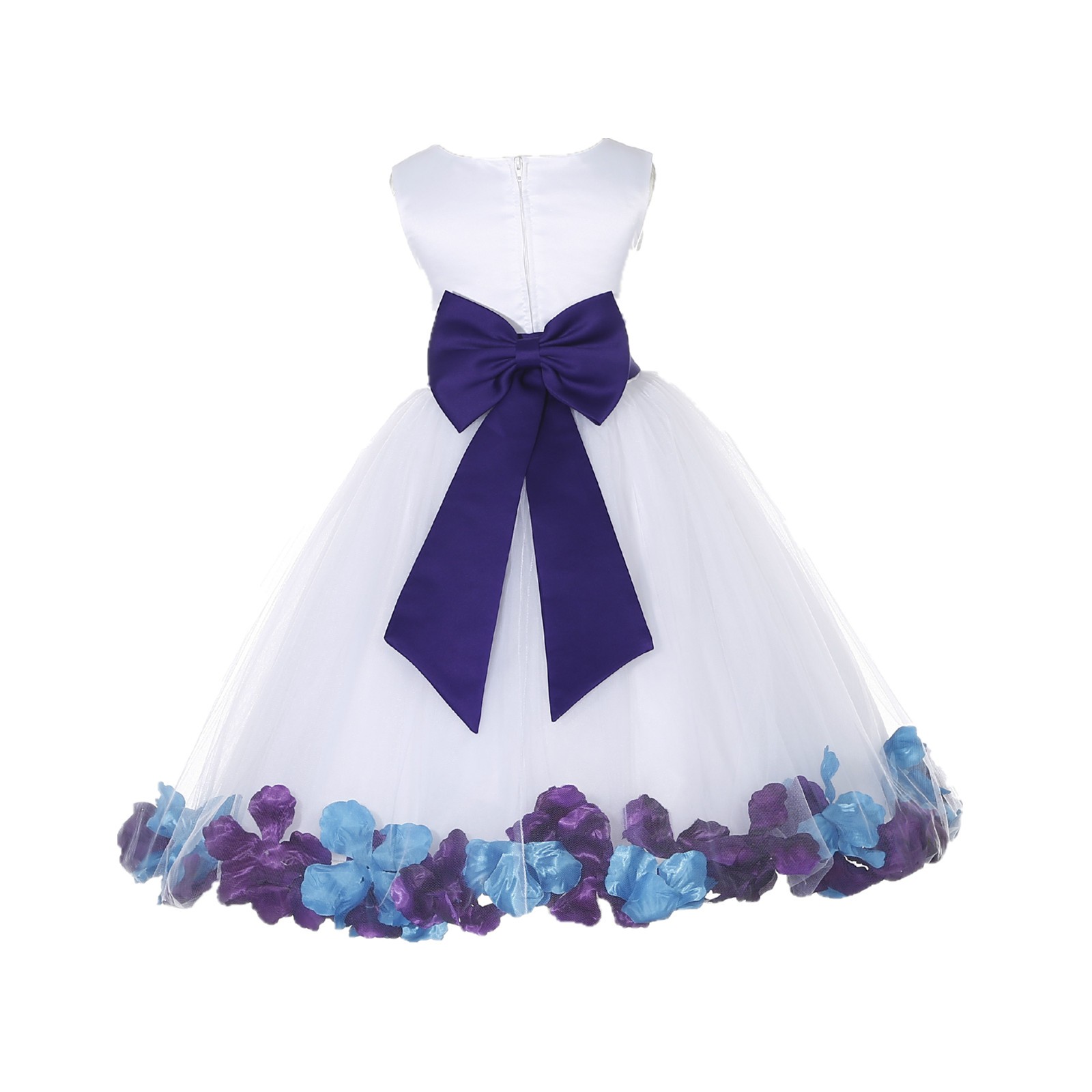 White/Cadbury-Turquoise Tulle Mixed Rose Petals Flower Girl Dress 302T