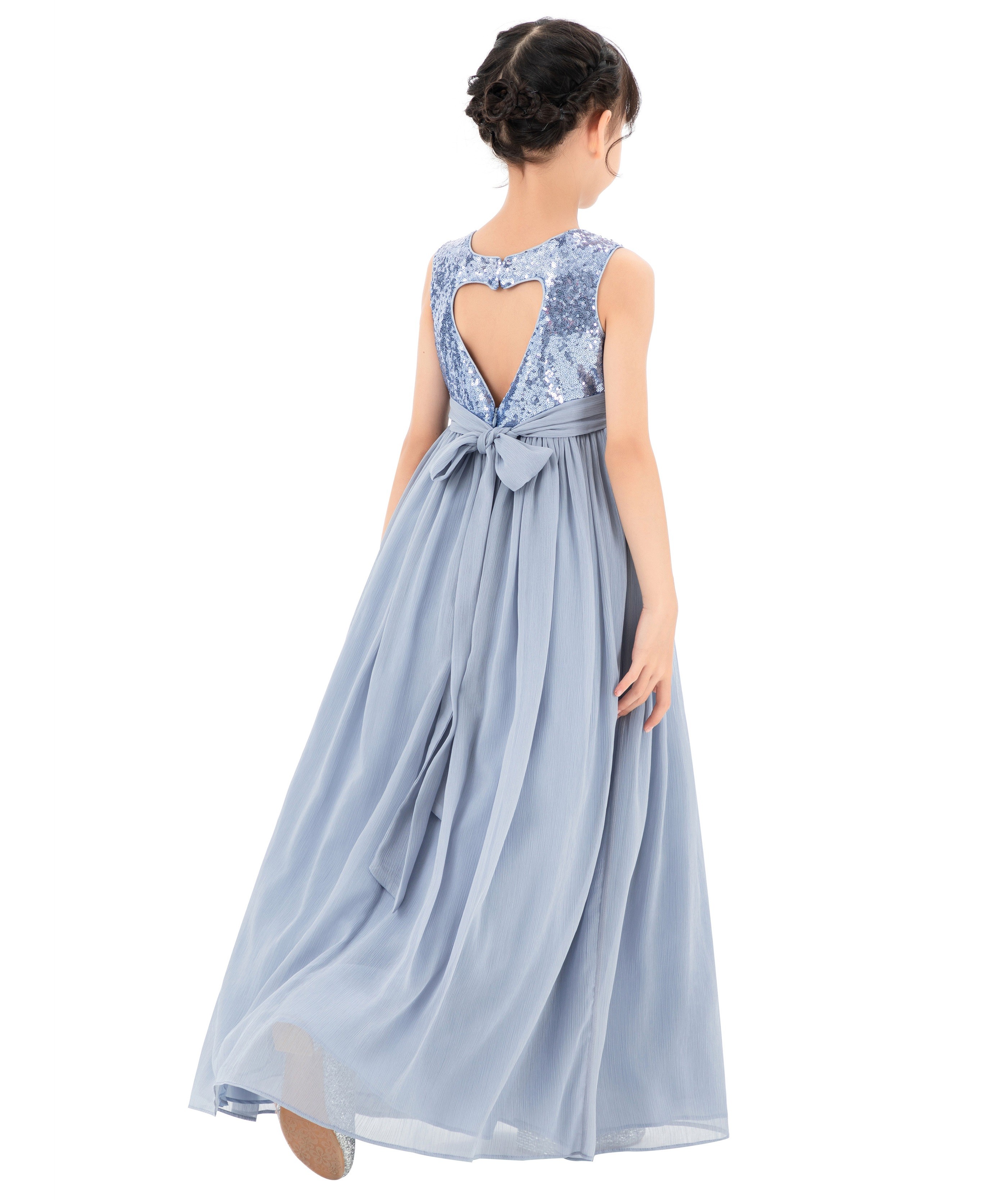 Dusty Blue Heart Cutout Chiffon Flower Girl Dress SH1