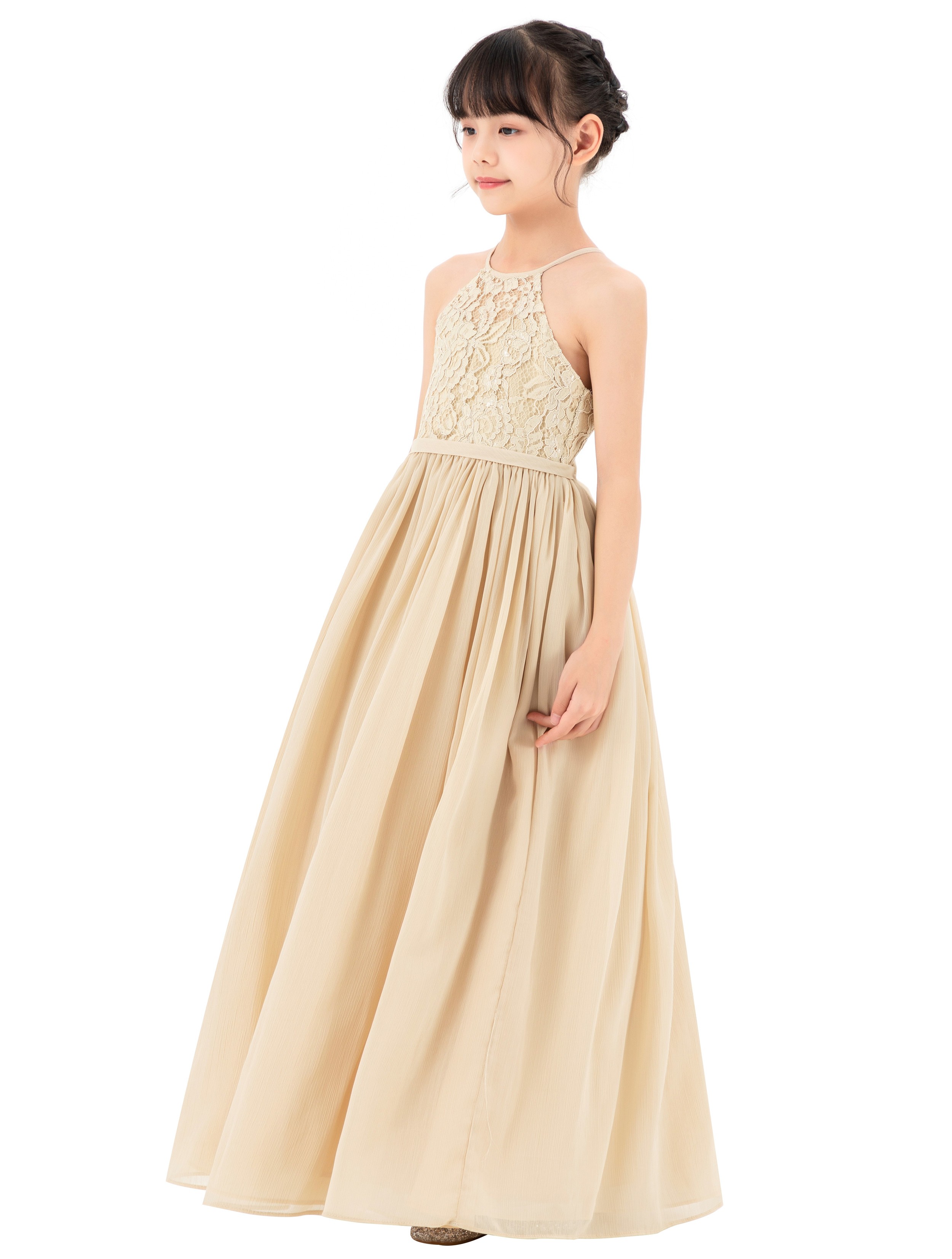 Champagne Halter Lace Dress Criss-Cross Flower Girl Dress L248