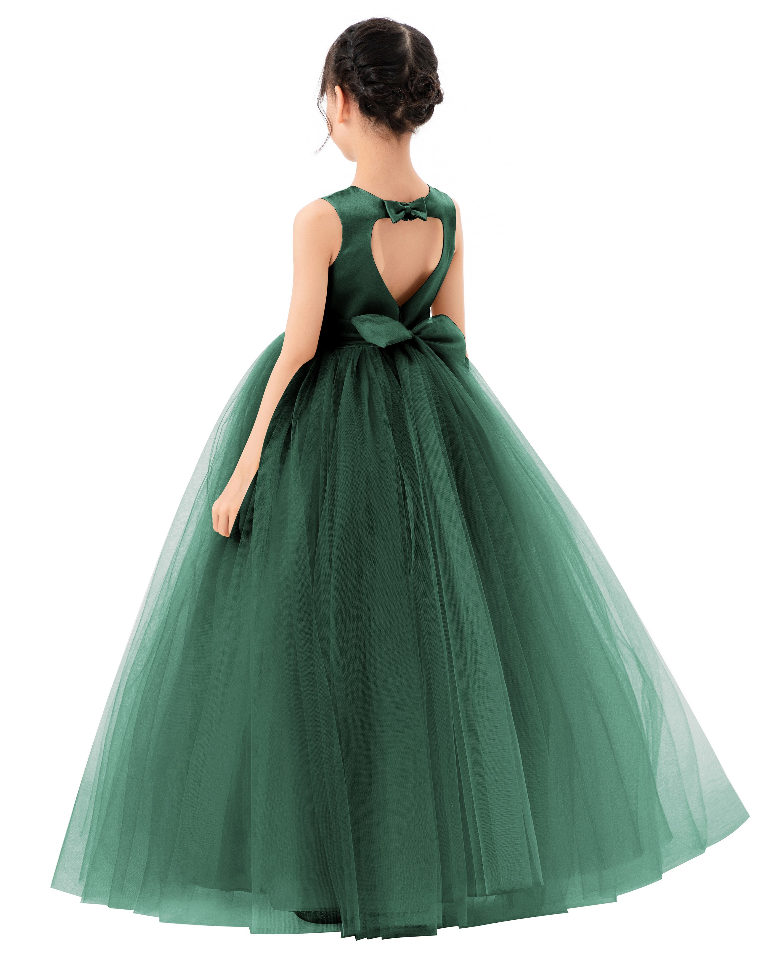 Forest Green Satin Heart Cutout Tulle Flower Girl Dress 247