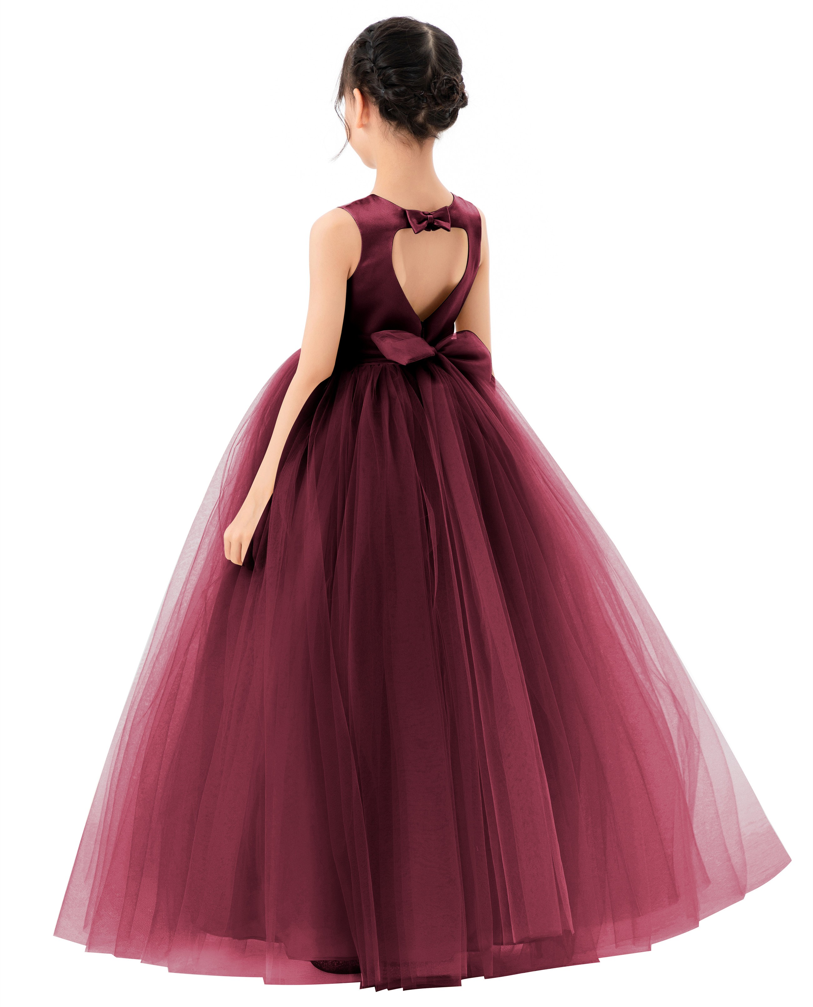 Burgundy Satin Heart Cutout Tulle Flower Girl Dress 247