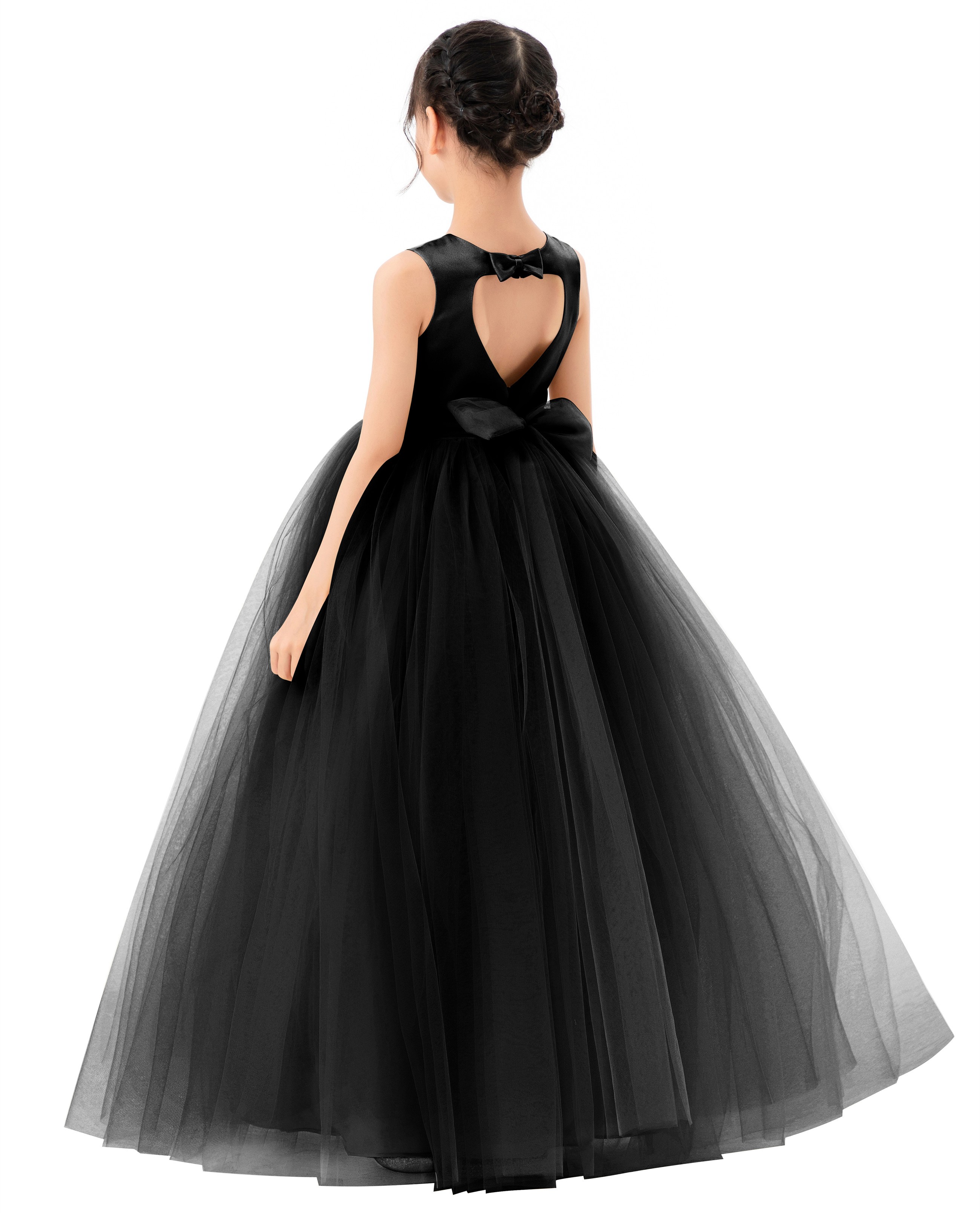 Black Satin Heart Cutout Tulle Flower Girl Dress 247