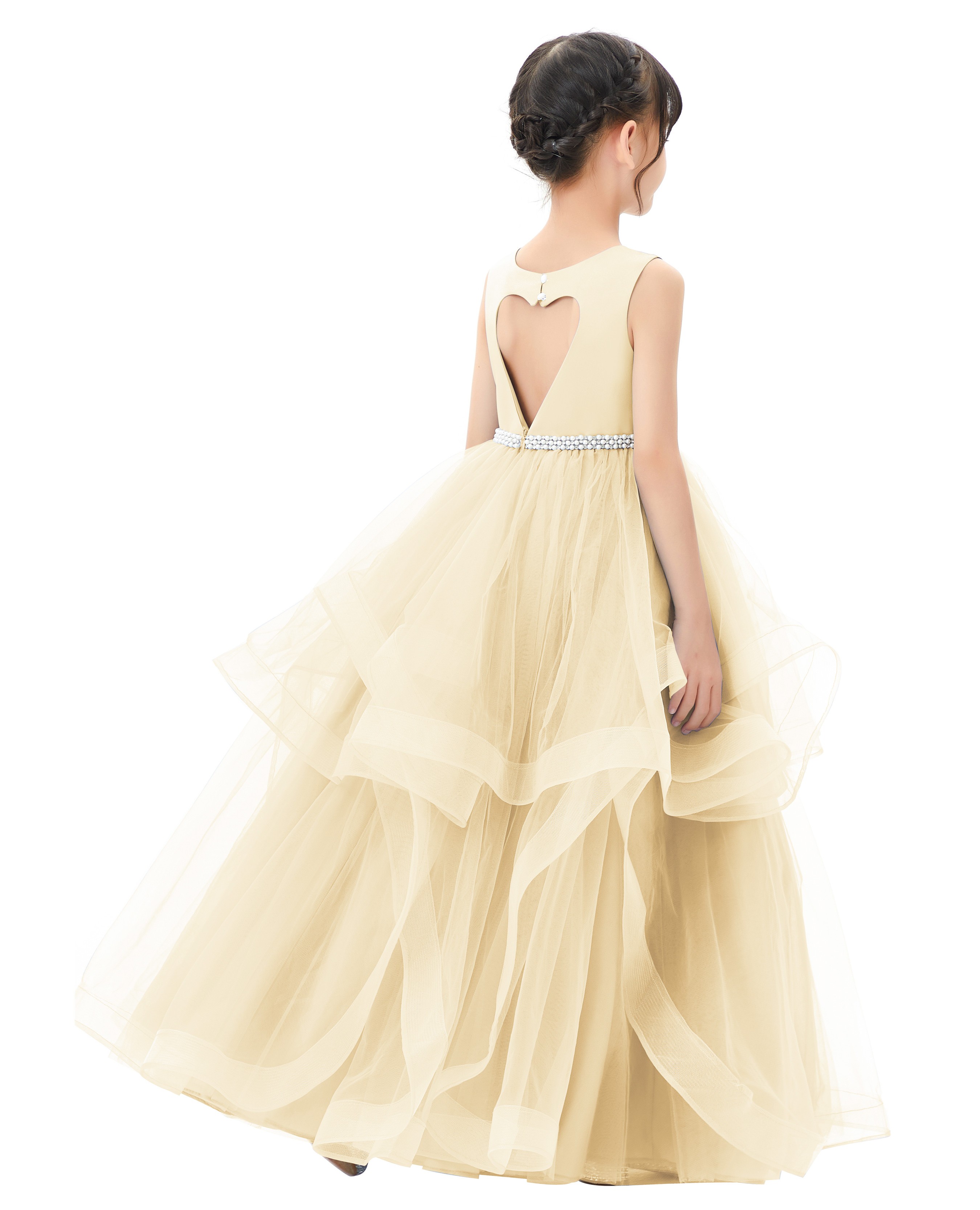 Champagne Heart Cutout Ruffle Skirt Flower Girl Dress 329