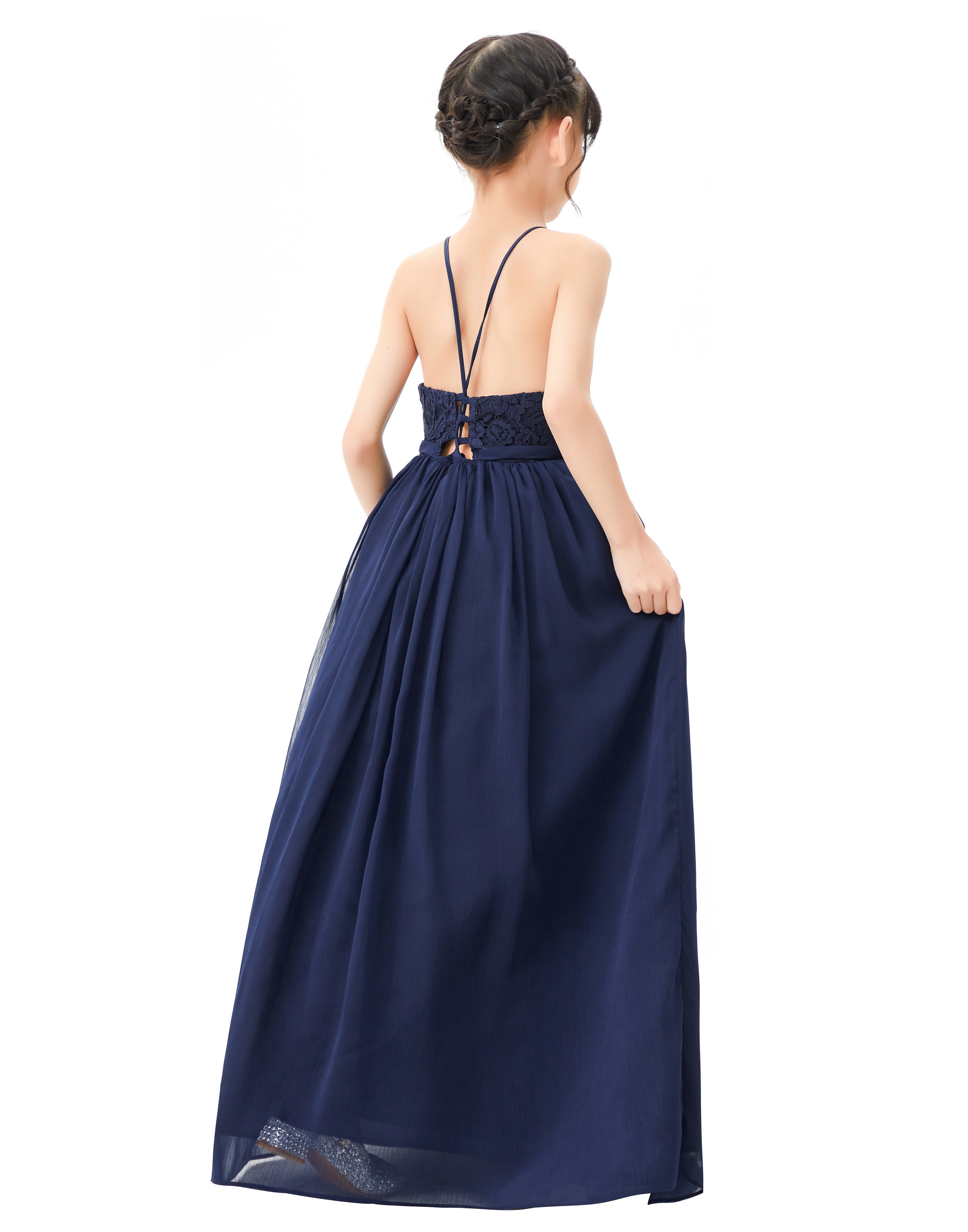 Navy Blue Halter Lace Dress Criss-Cross Flower Girl Dress L248