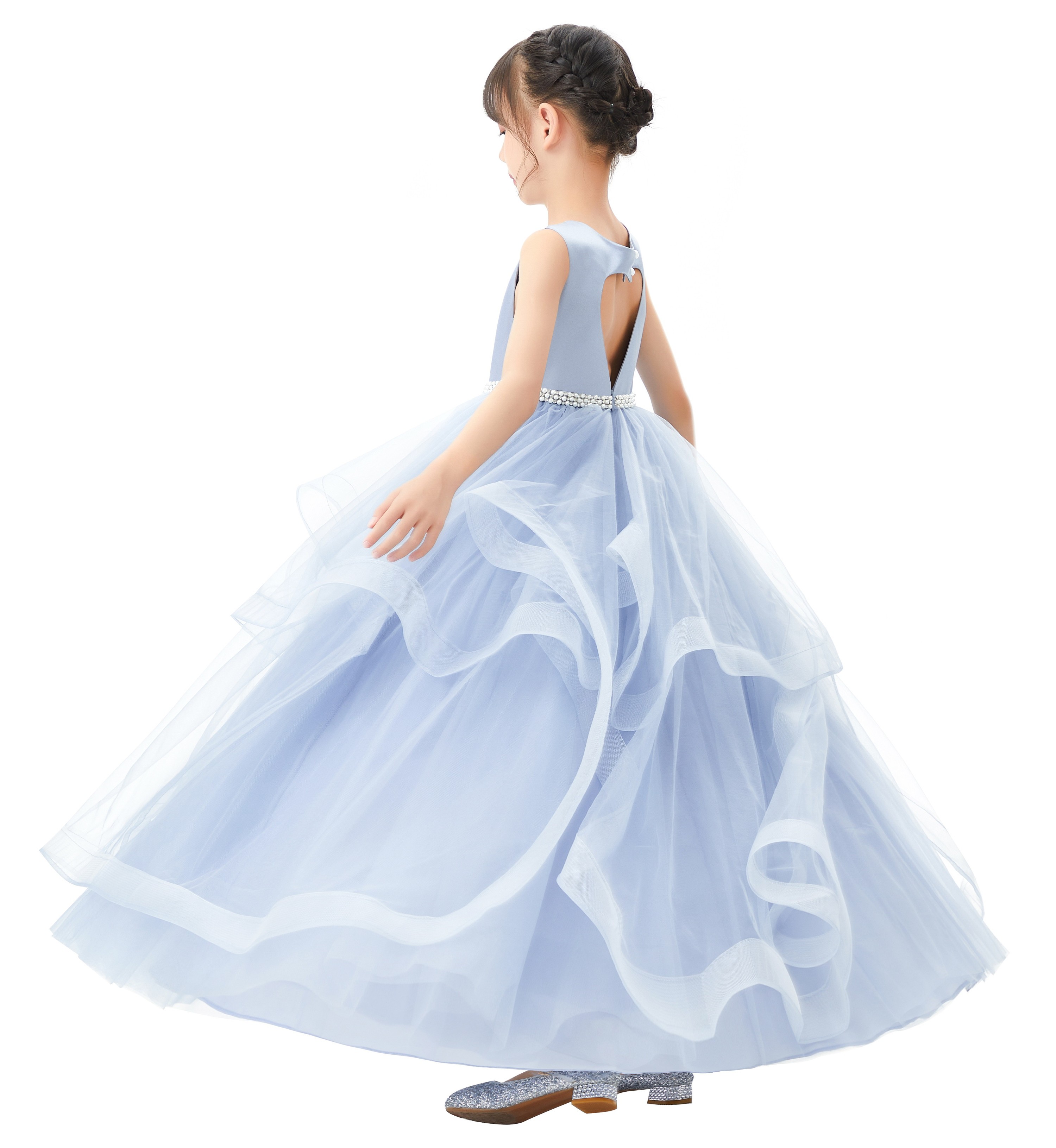 Dusty Blue Heart Cutout Ruffle Skirt Flower Girl Dress 329