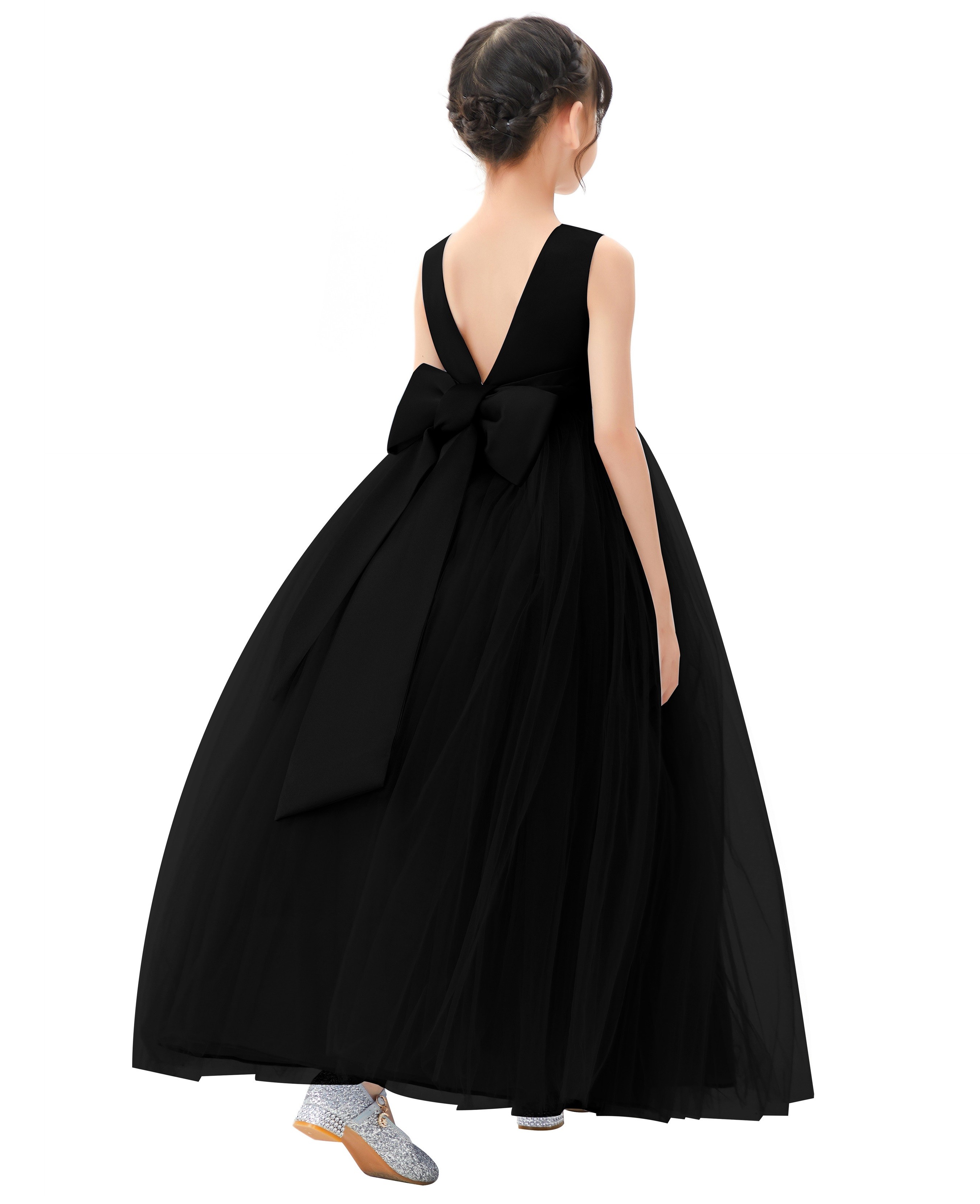 Black V-Back Flower Girl Dress Rhinestones PR123