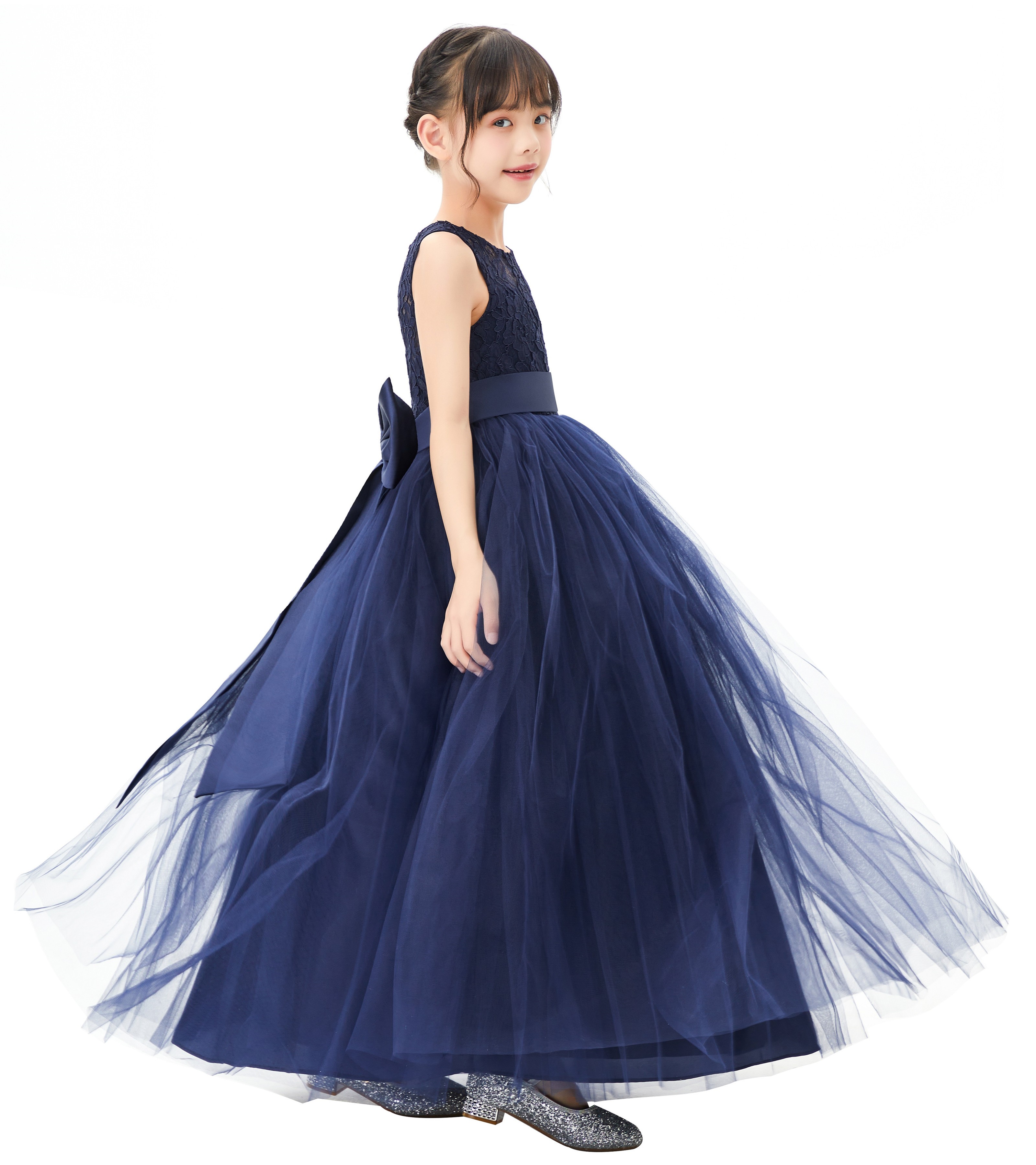 Navy Blue Illusion Lace Flower Girl Dress 331