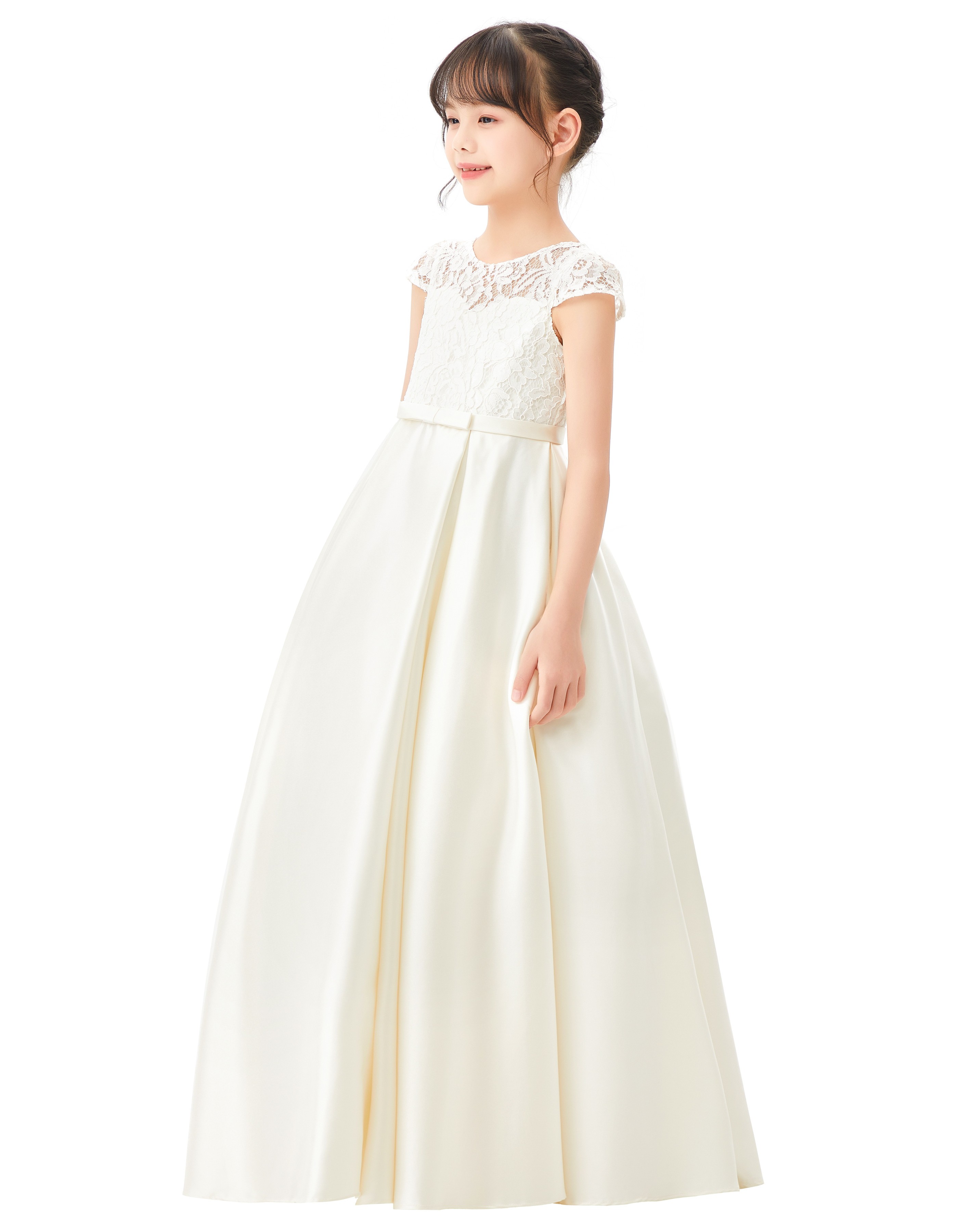 Ivory Lace Flower Girl Dress Illusion Lace Dress Cap Sleeves L246