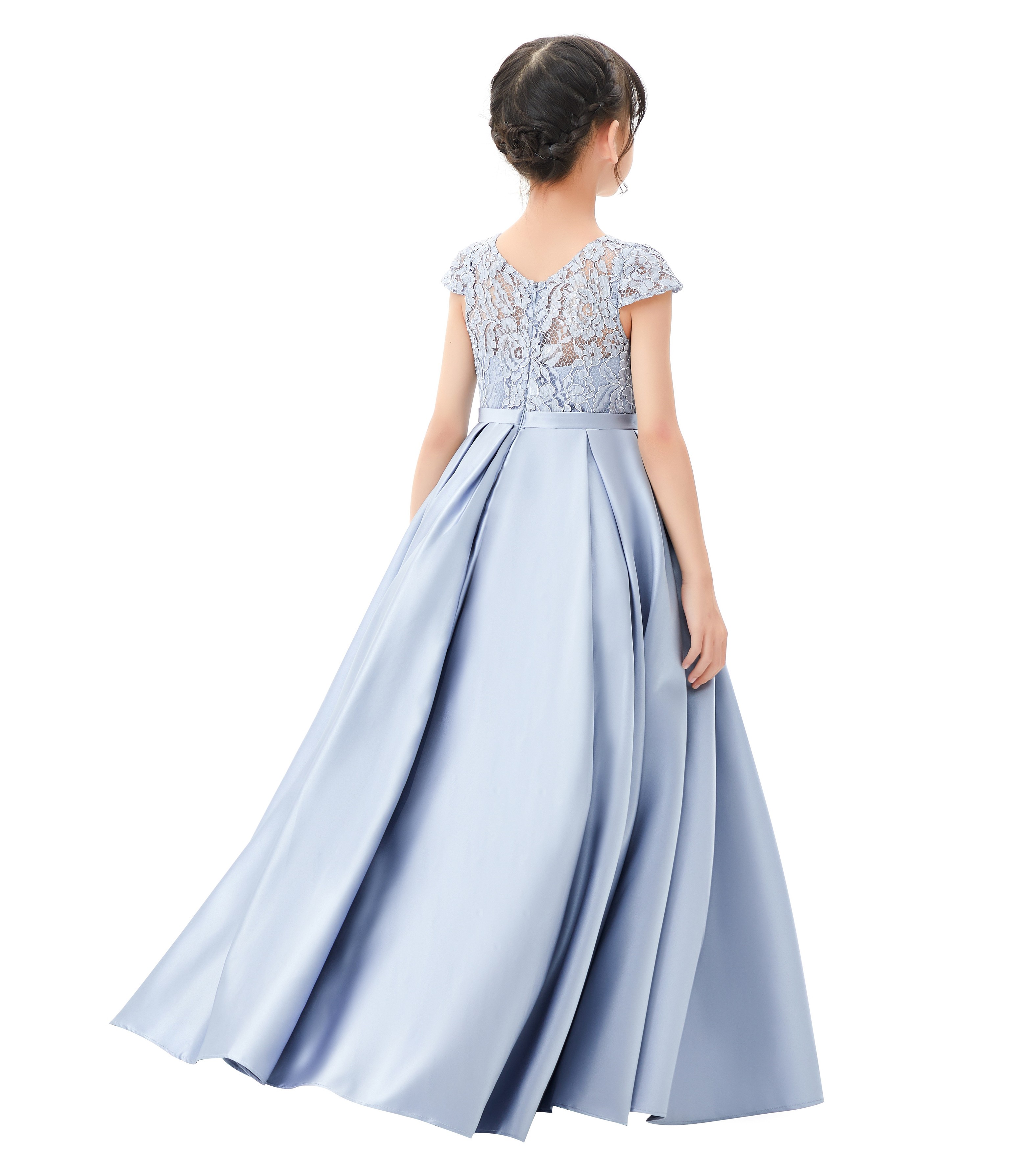 Dusty Blue Lace Flower Girl Dress Illusion Lace Dress Cap Sleeves L246