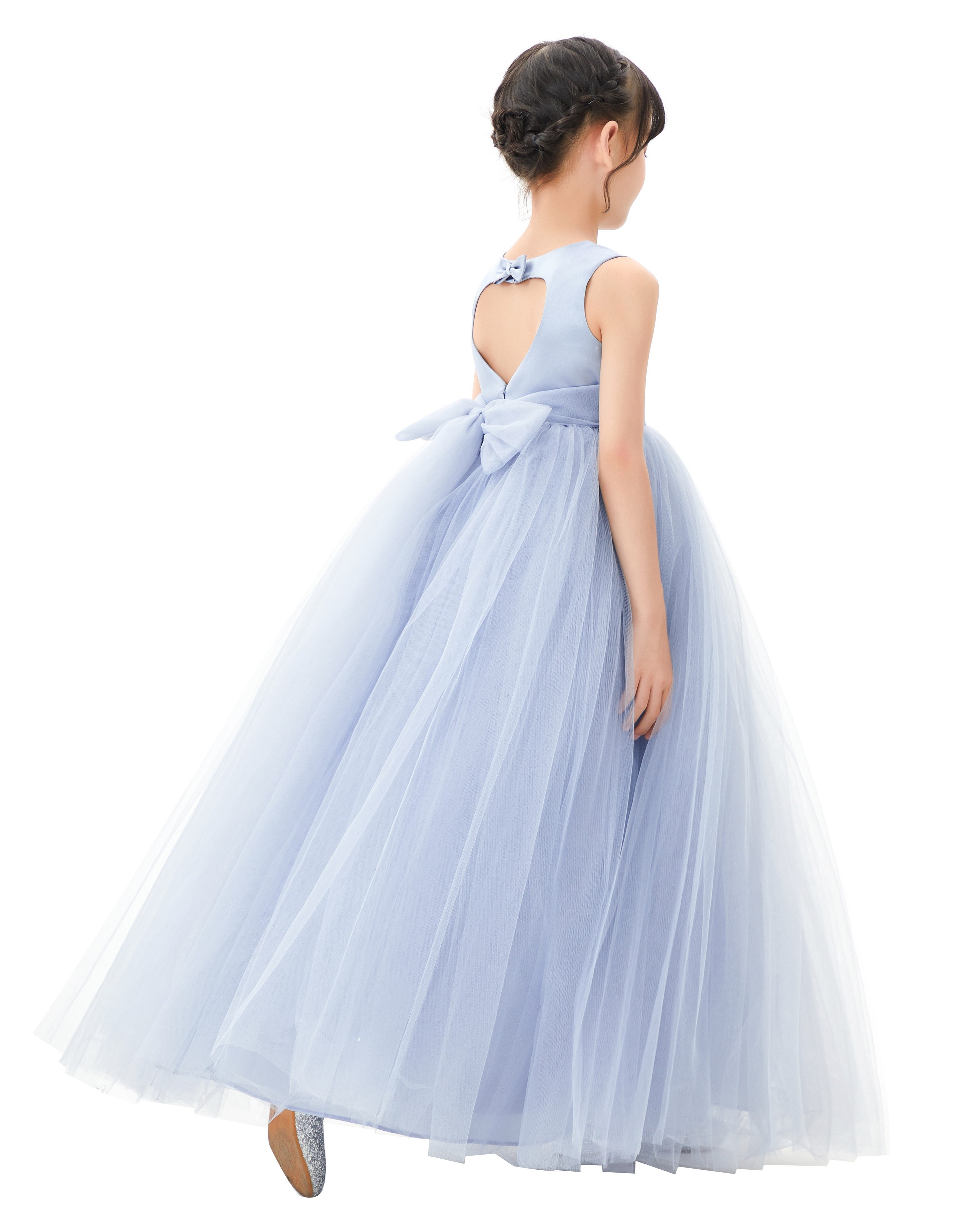 Dusty Blue Satin Heart Cutout Tulle Flower Girl Dress 247
