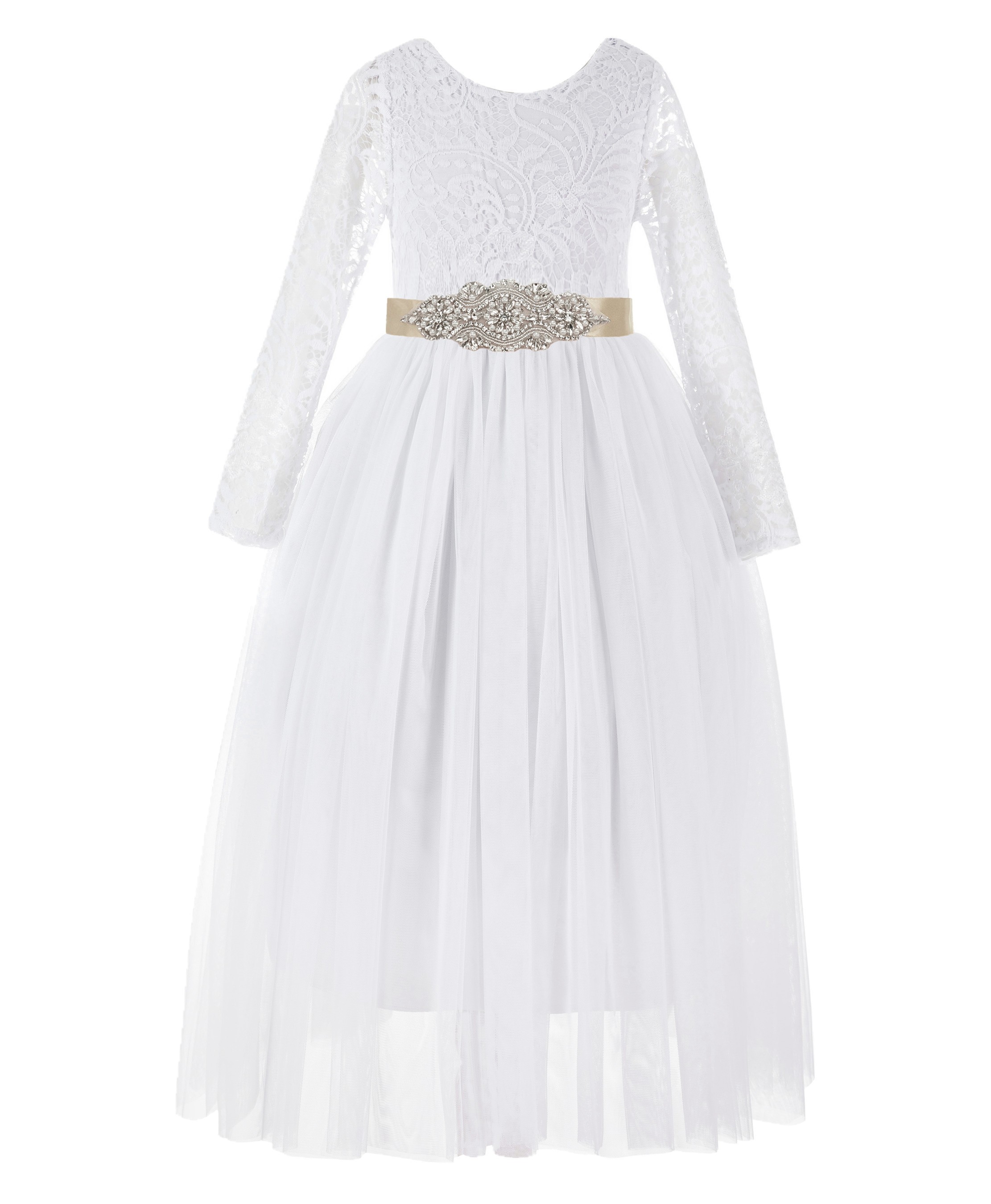 White / Champagne A-Line V-Back Lace Flower Girl Dress with Sleeves 290R