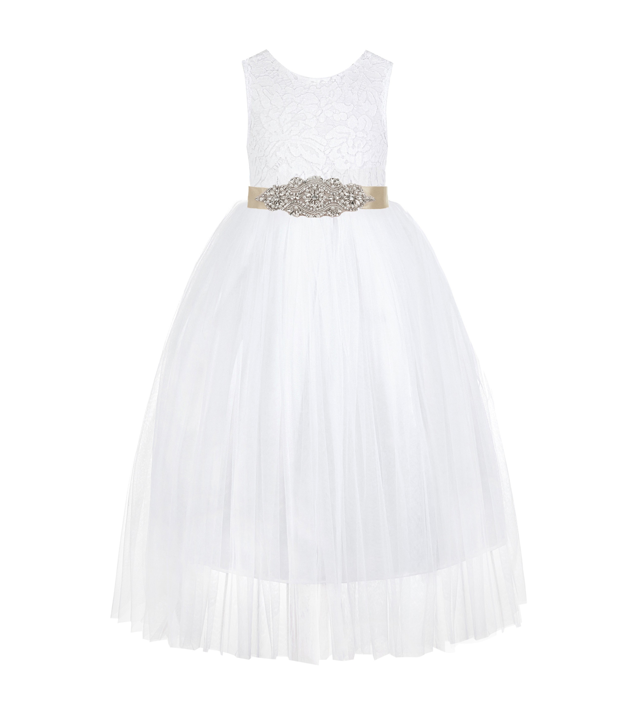 White / Champagne Scalloped V-Back Lace White Flower Girl Dress 207R3