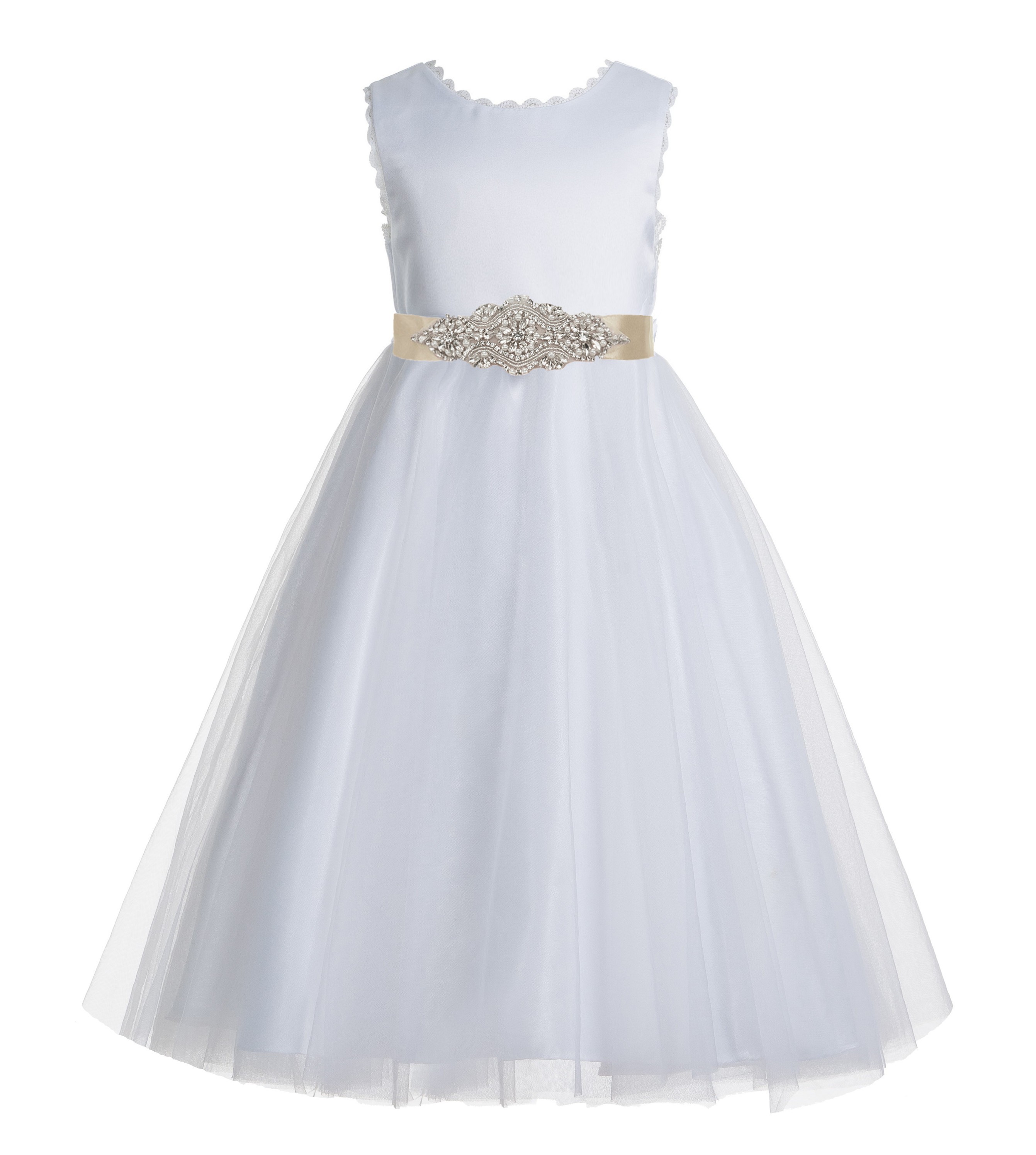White / Champagne V-Back Lace Edge Flower Girl Dress 183