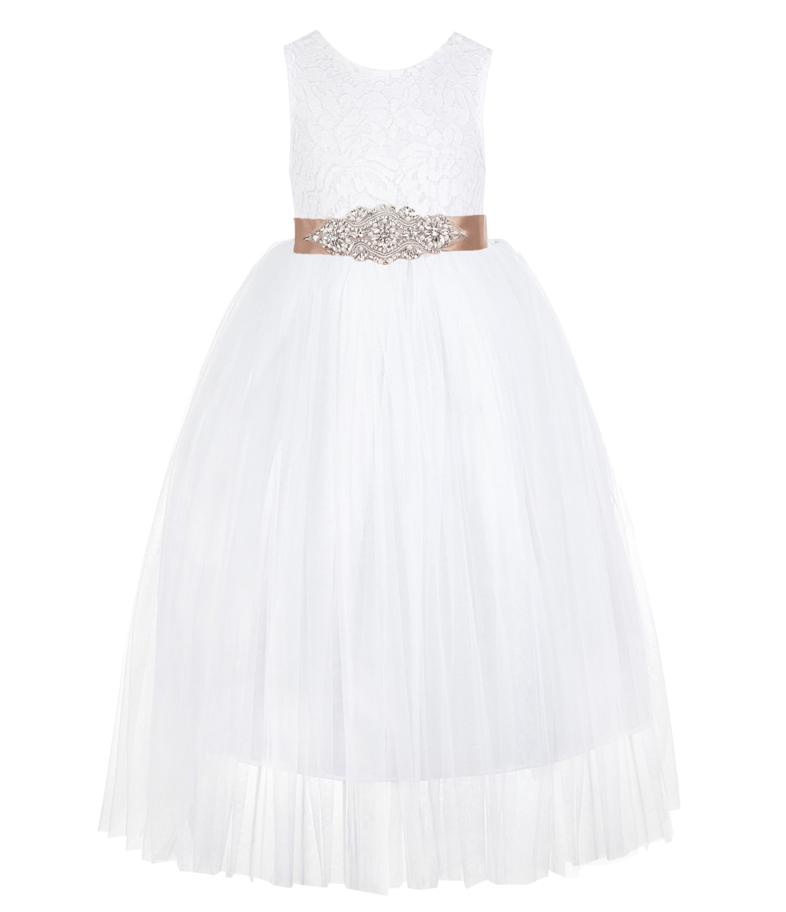 White / Rose Gold Scalloped V-Back Lace White Flower Girl Dress 207R3