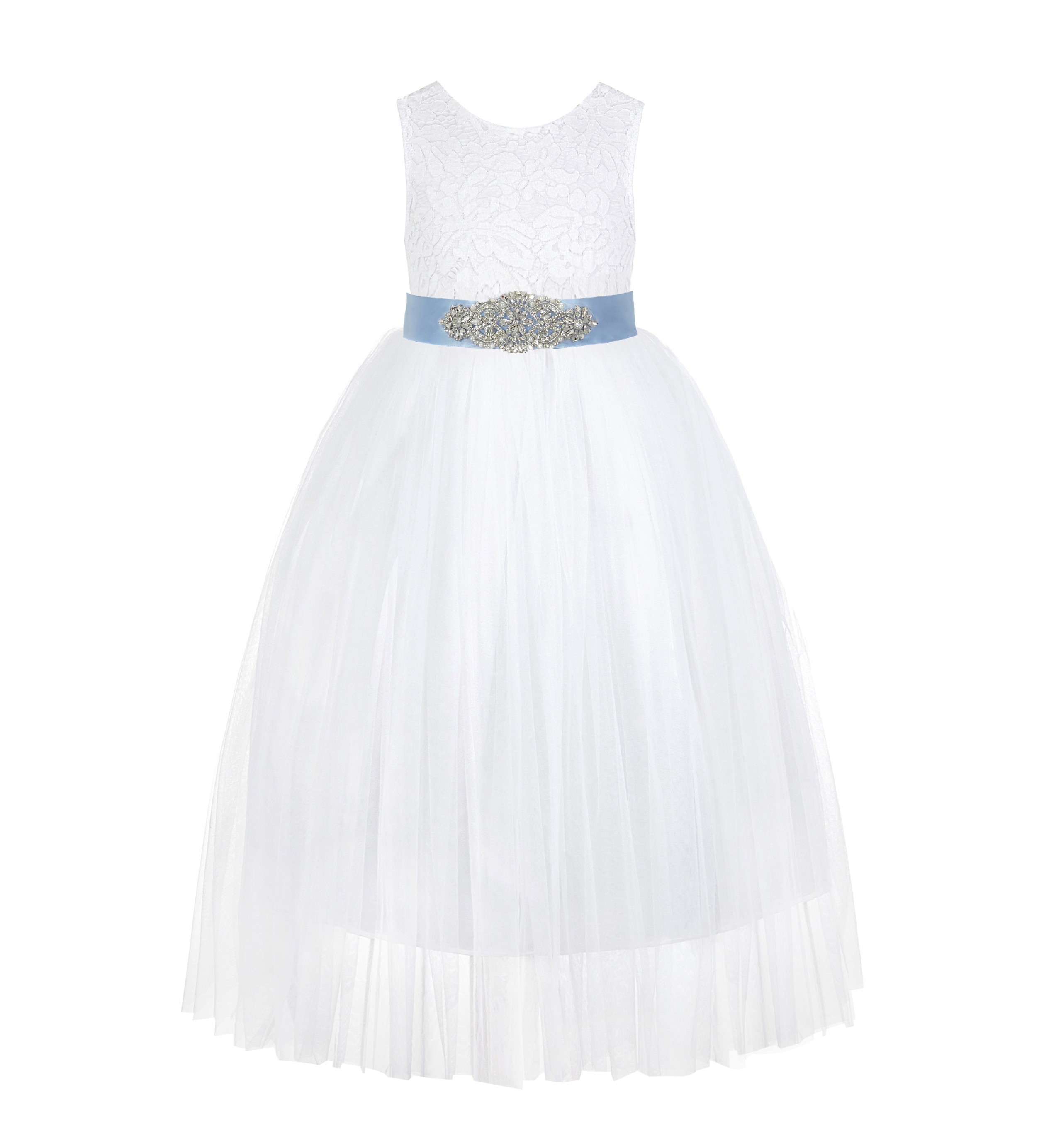 White / Dusty Blue Scalloped V-Back Lace White Flower Girl Dress 207R3