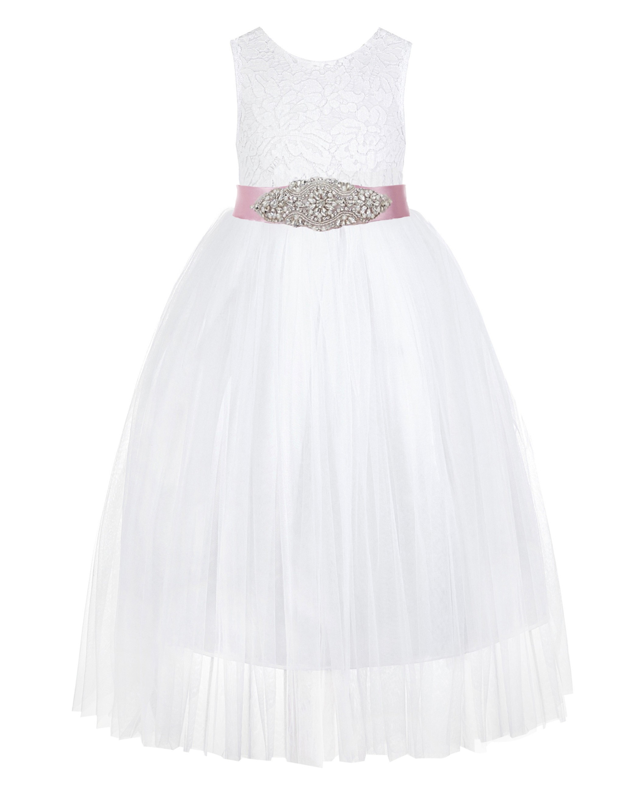 White / Mauve Scalloped V-Back Lace White Flower Girl Dress 207R3