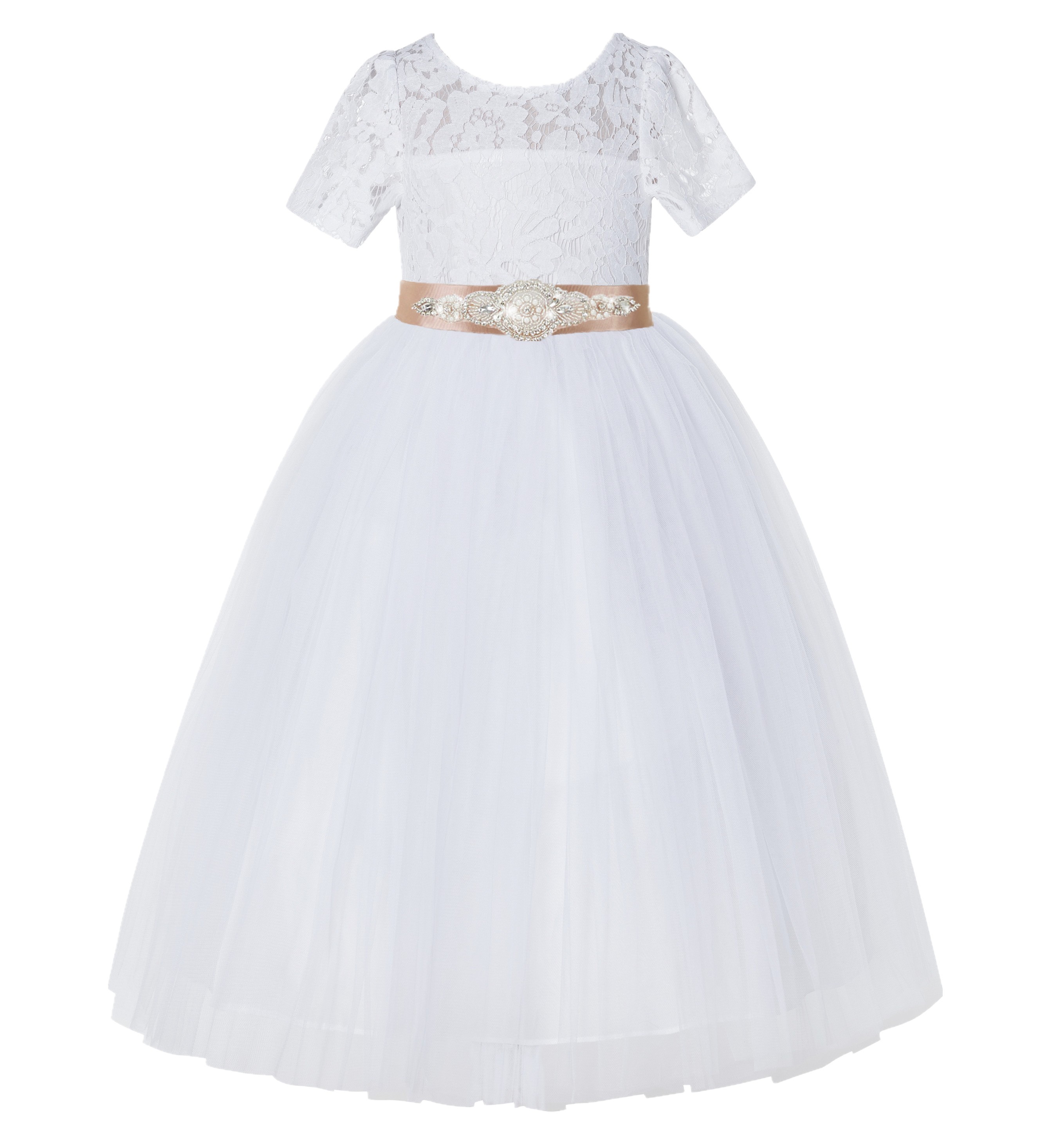 White / Rose Gold Floral Lace Flower Girl Dress Vintage Dress LG2