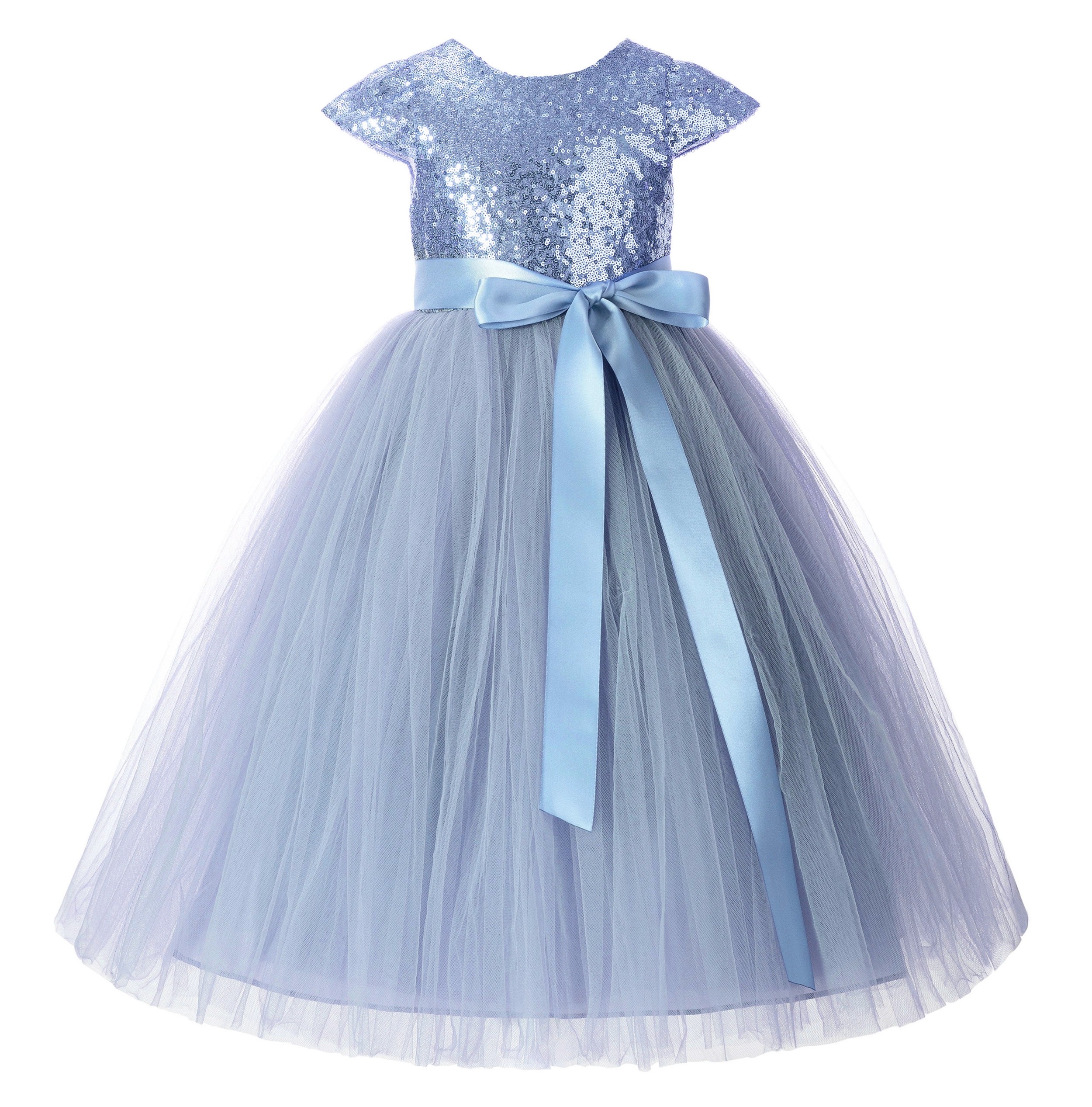 Dusty Blue Cap Sleeves Sequin Flower Girl Dress 211
