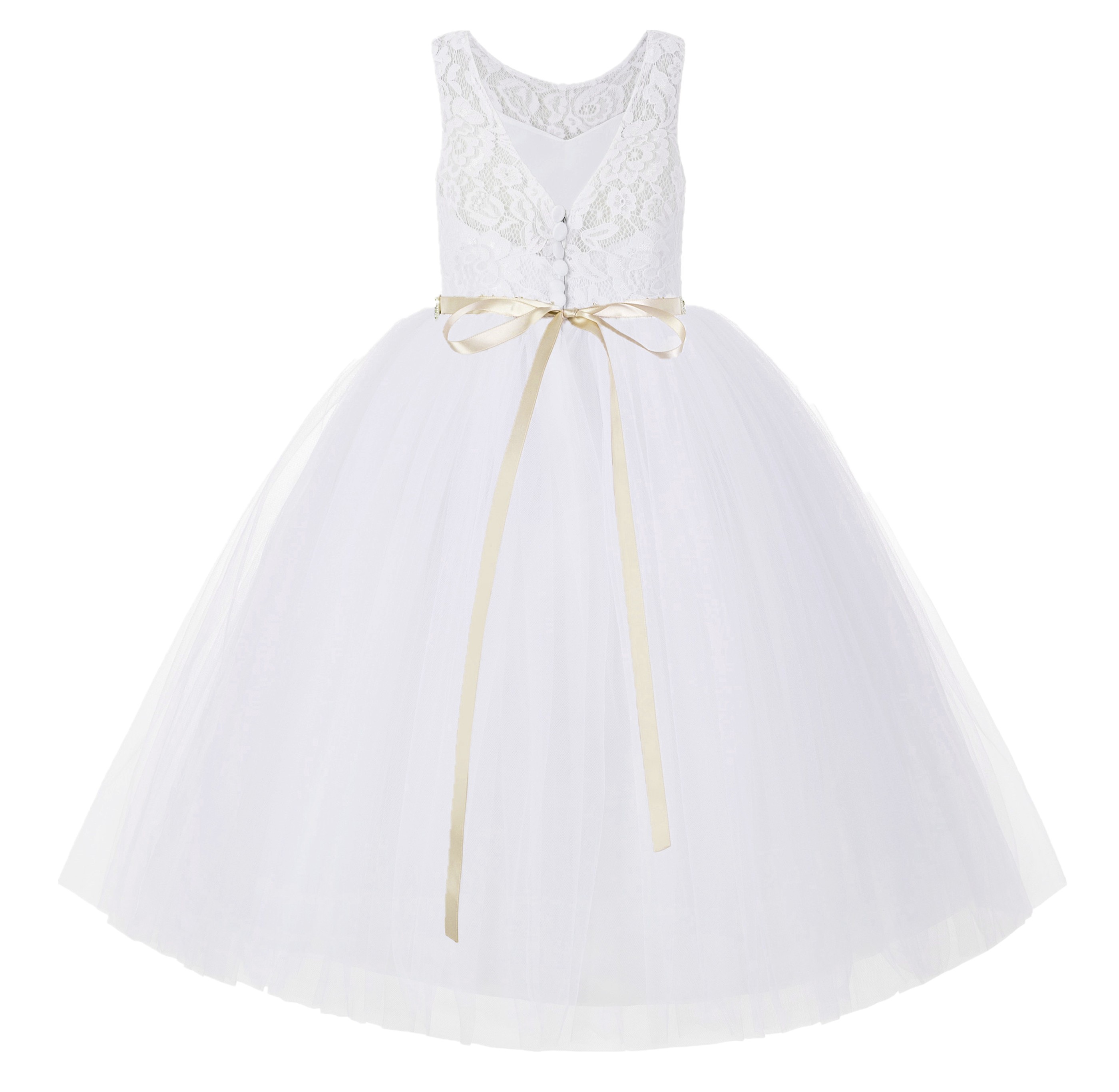 White / Champagne V-Back White Lace Flower Girl Dress Lace Tutu Dress 212R2