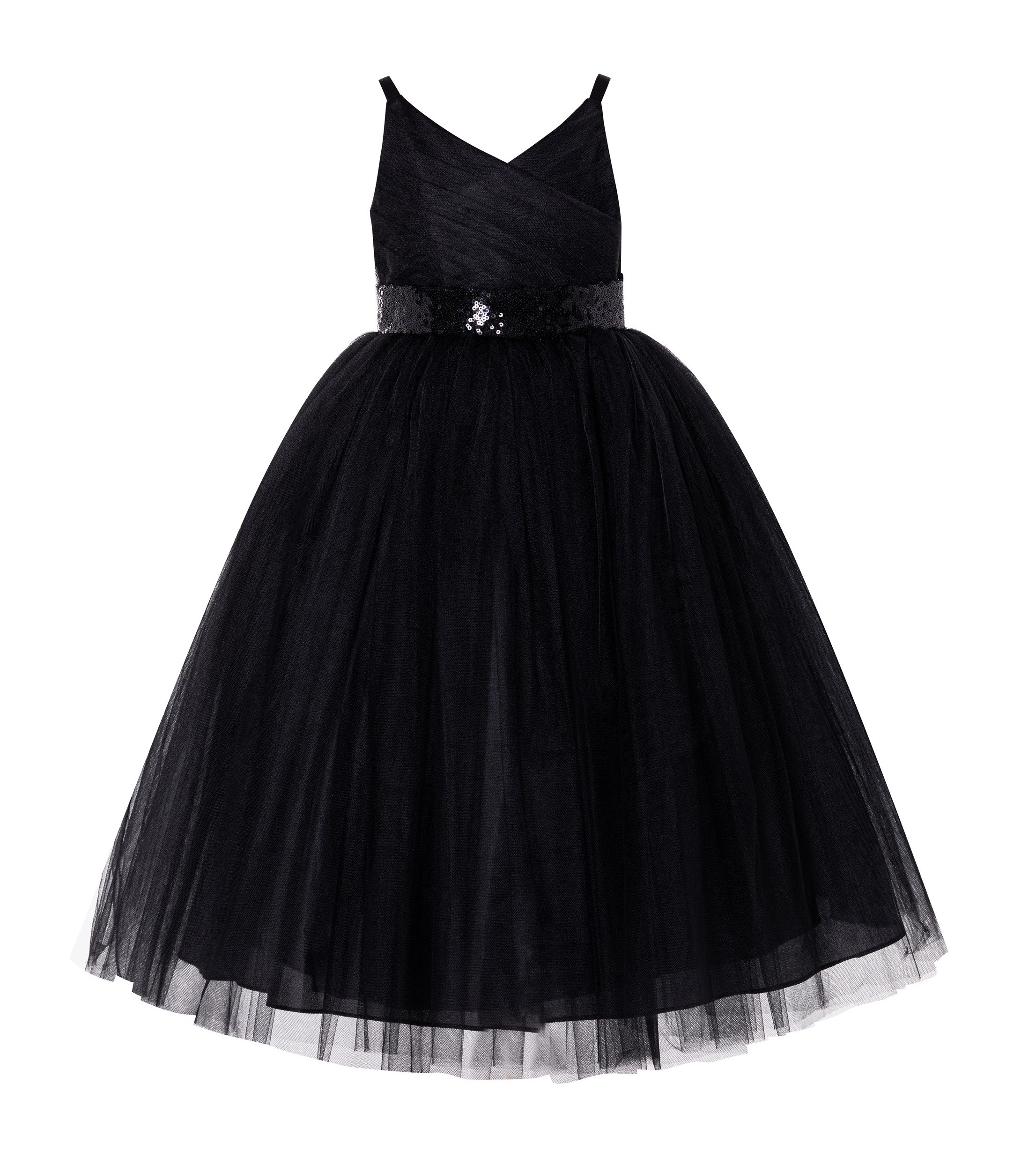 Black V-Neck Tulle Flower Girl Dress with Sequins 218