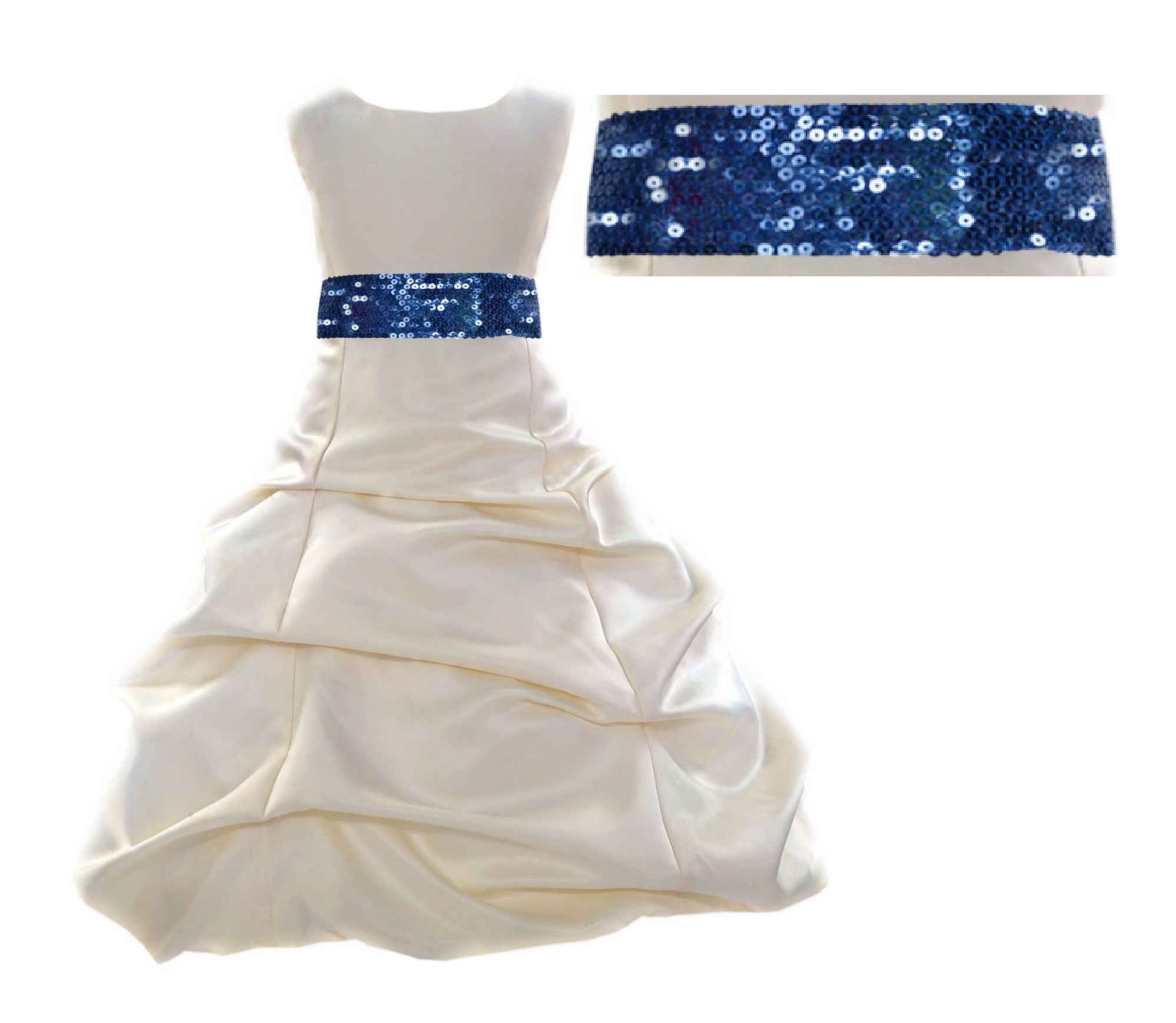 Ivory Satin Pick-Up Bubble Flower Girl Dress Navy Sequins 806mh