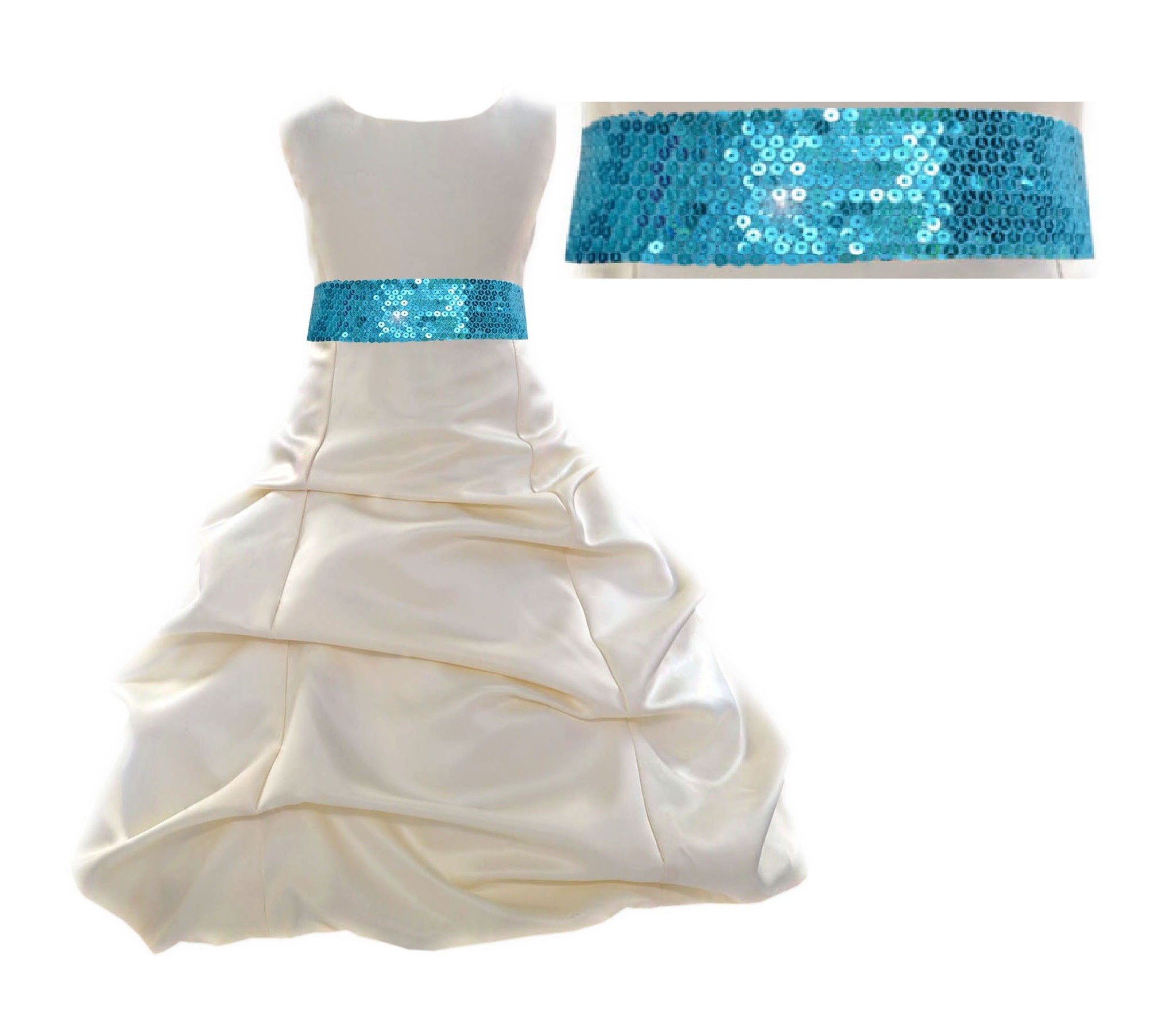 Ivory Satin Pick-Up Bubble Flower Girl Dress Turquoise Sequins 806mh