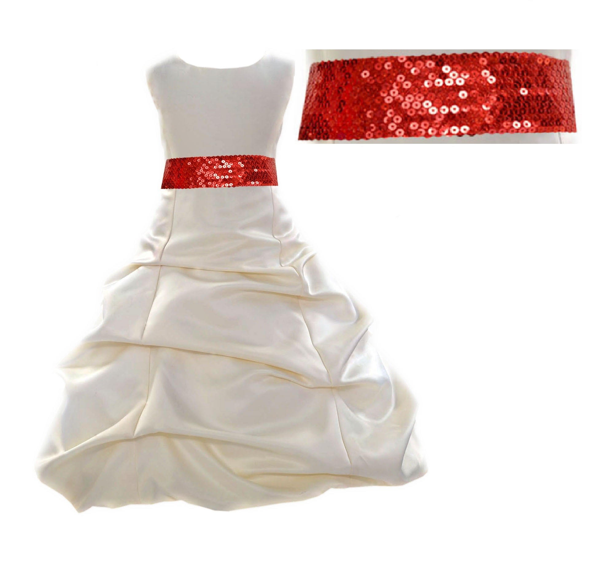 Ivory Satin Pick-Up Bubble Flower Girl Dress Red Sequins 806mh