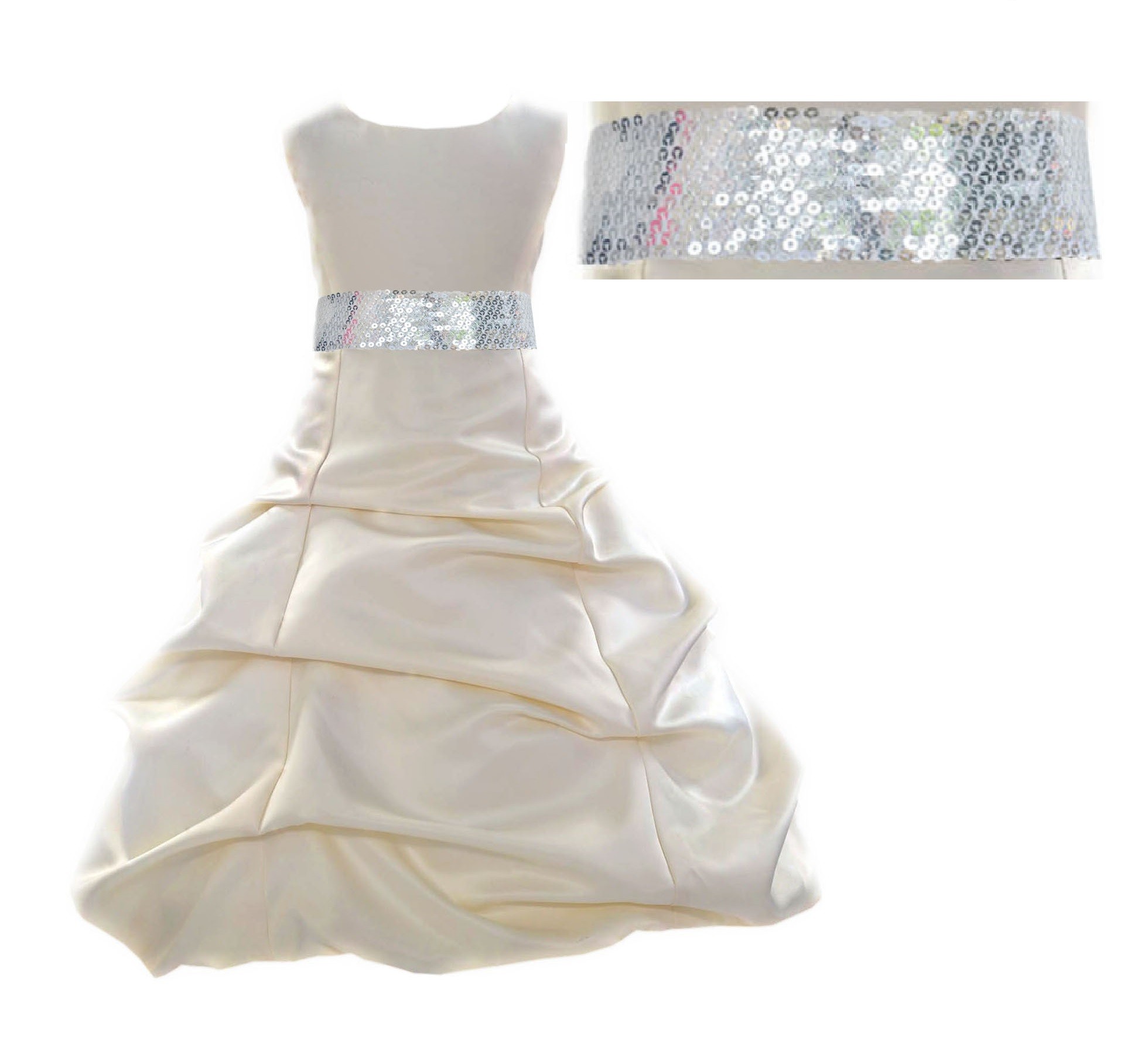 Ivory Satin Pick-Up Bubble Flower Girl Dress Silver Sequins 806mh