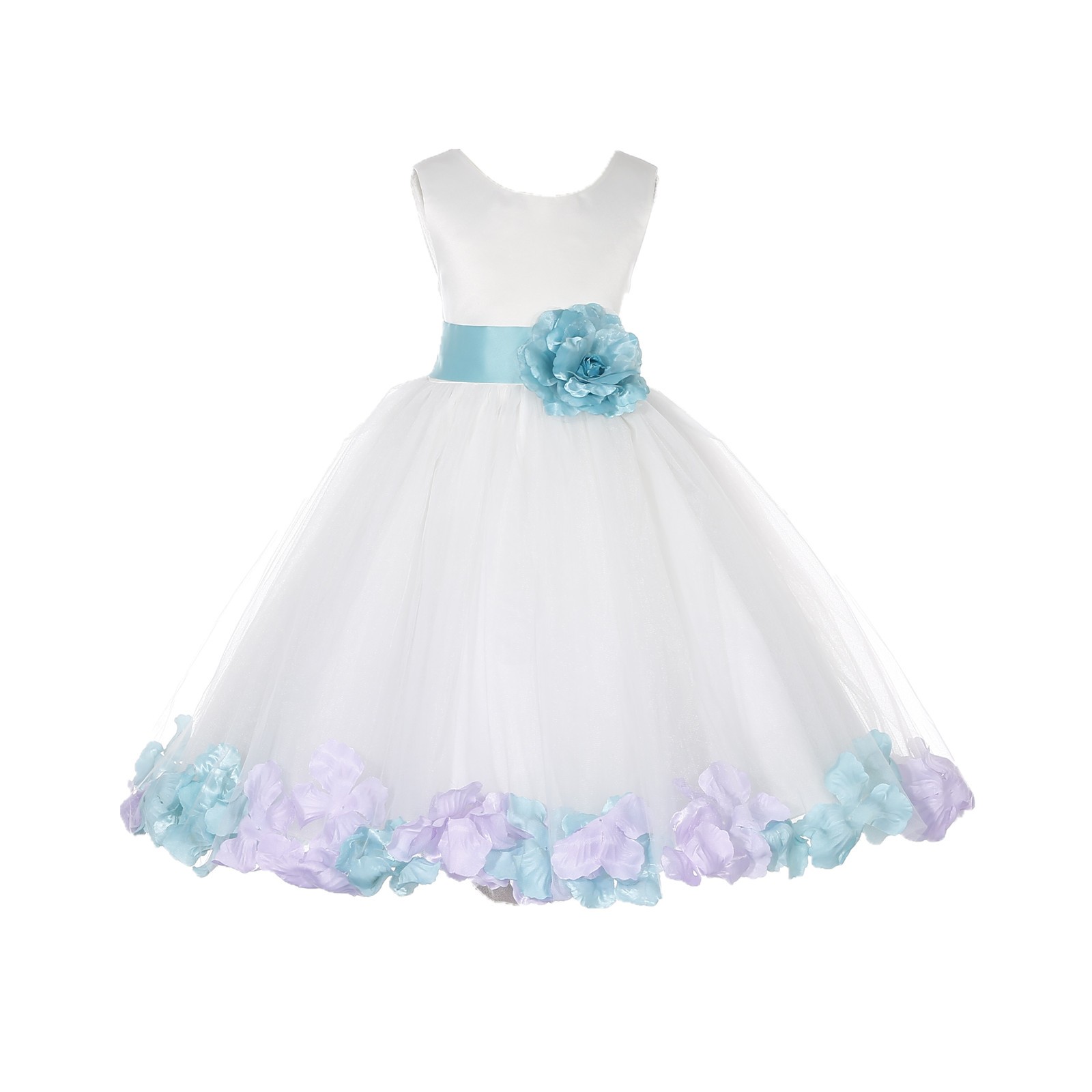 Ivory/Tiffany-Lilac Tulle Mixed Rose Petals Flower Girl Dress 302T