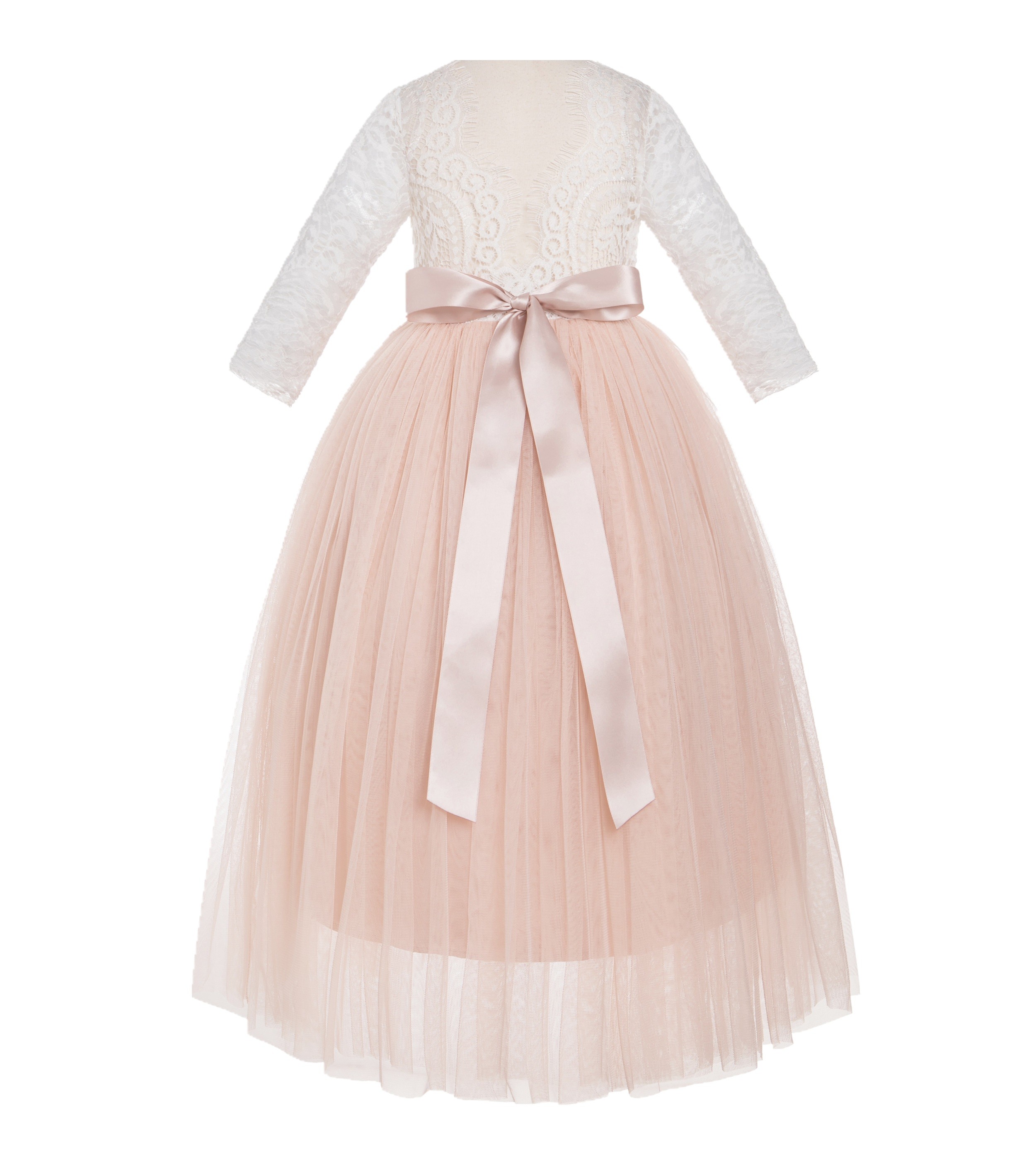 Blush Pink A-Line V-Back Lace Flower Girl Dress with Sleeves 290R