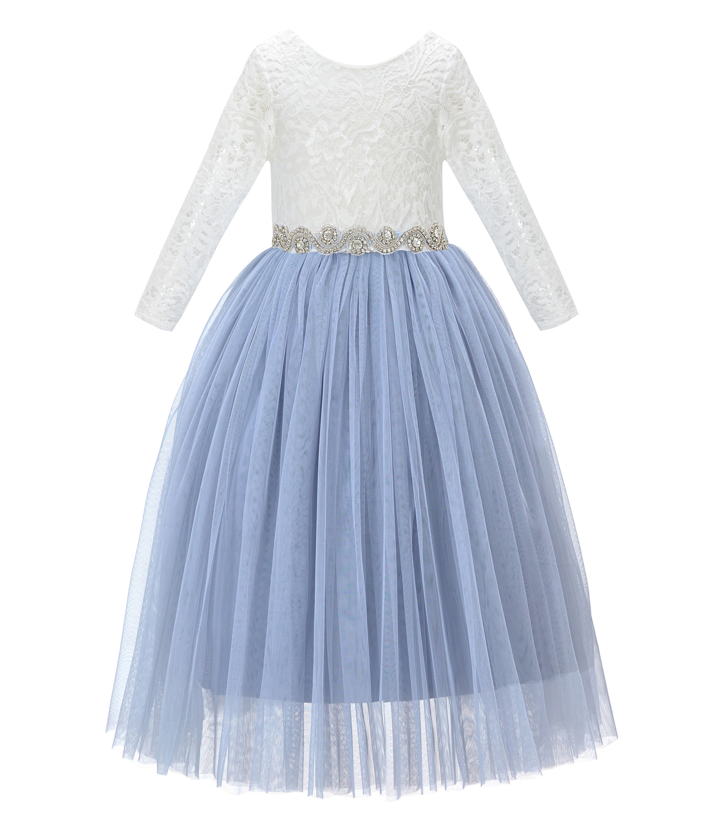 Dusty Blue A-Line V-Back Lace Flower Girl Dress with Sleeves 290R