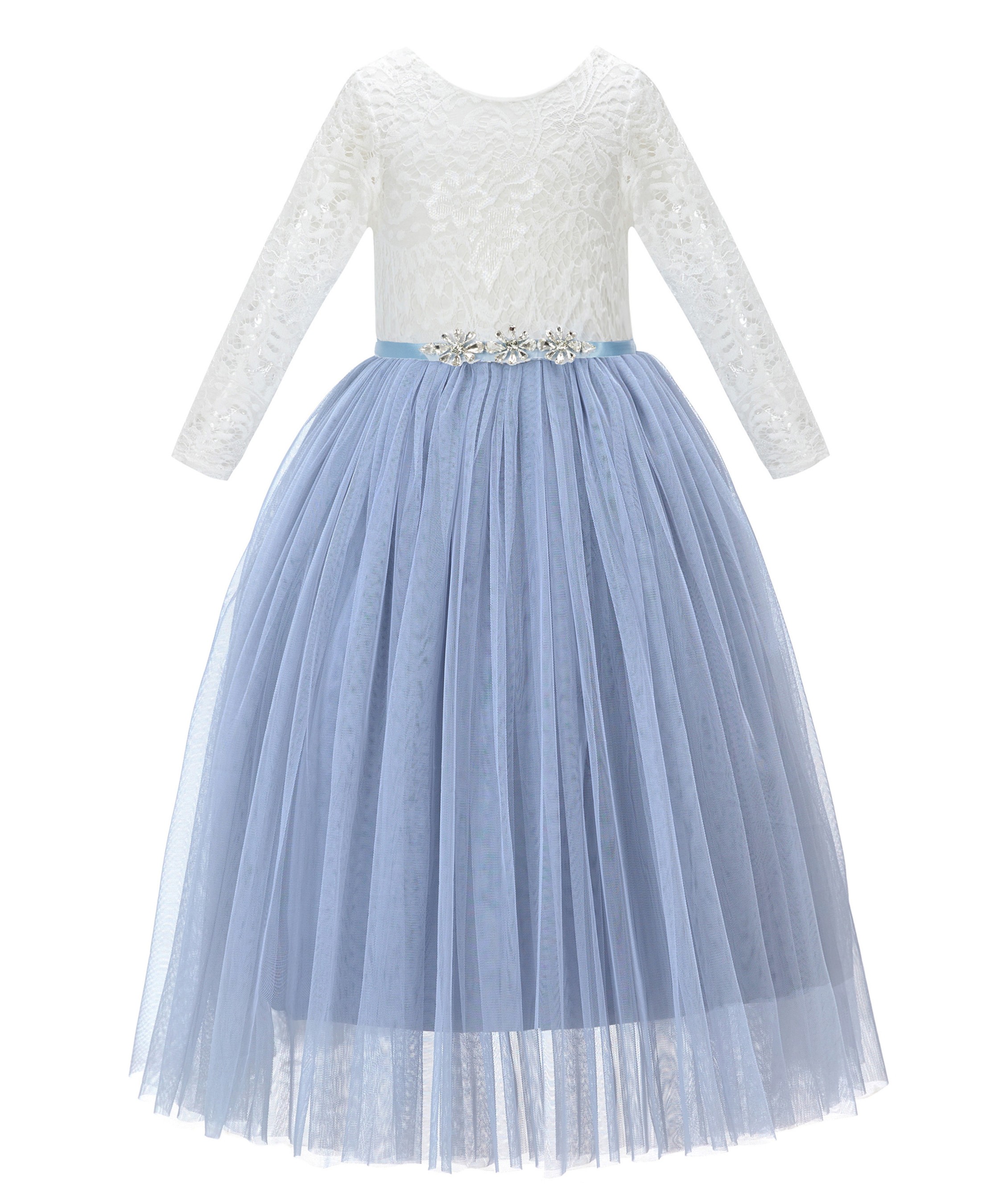 Dusty Blue A-Line V-Back Lace Flower Girl Dress with Sleeves 290R