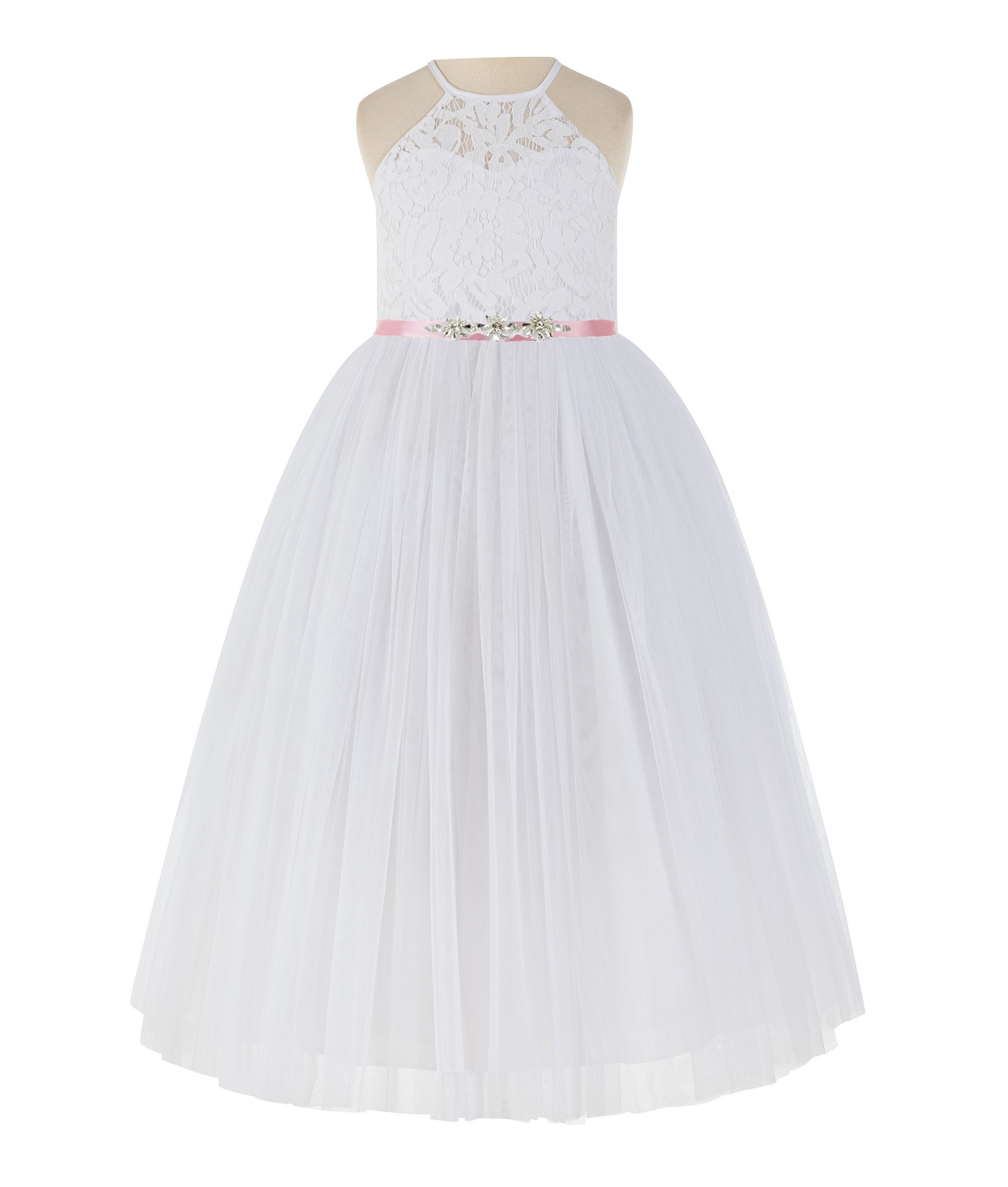 White / Dusty Rose Lace Halter Flower Girl Dress Lace Back Dress 213