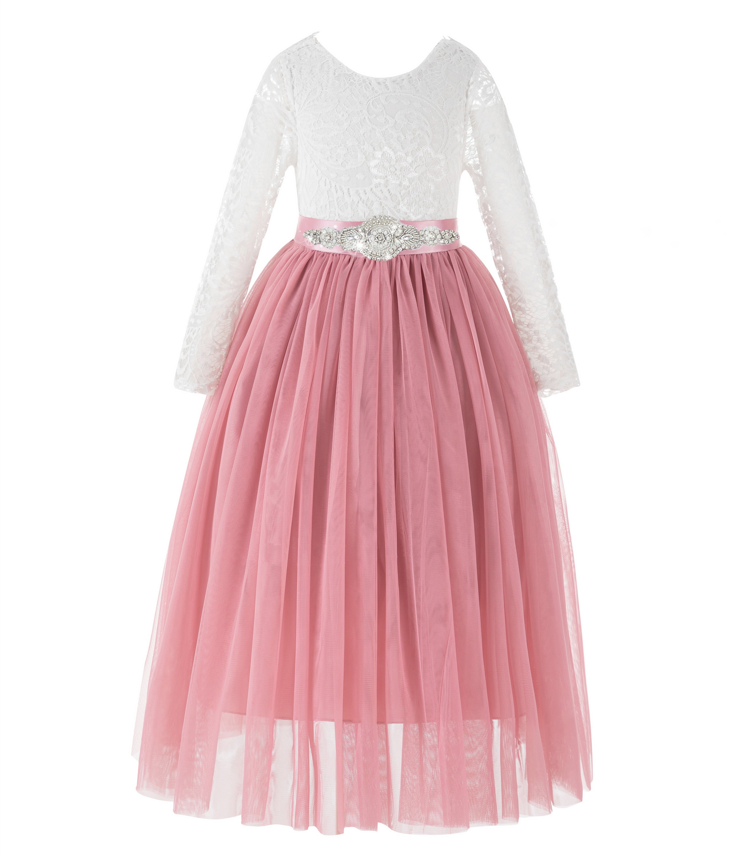 Dusty Rose A-Line V-Back Lace Flower Girl Dress with Sleeves 290R