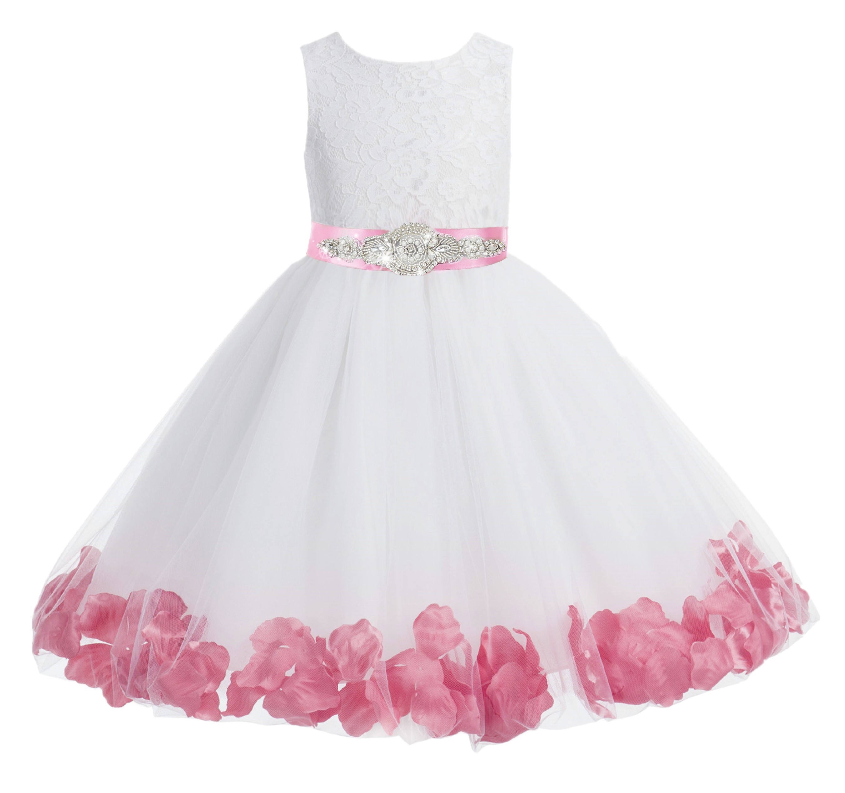 White / Dusty Rose Floral Lace Heart Cutout Flower Girl Dress with Petals 185