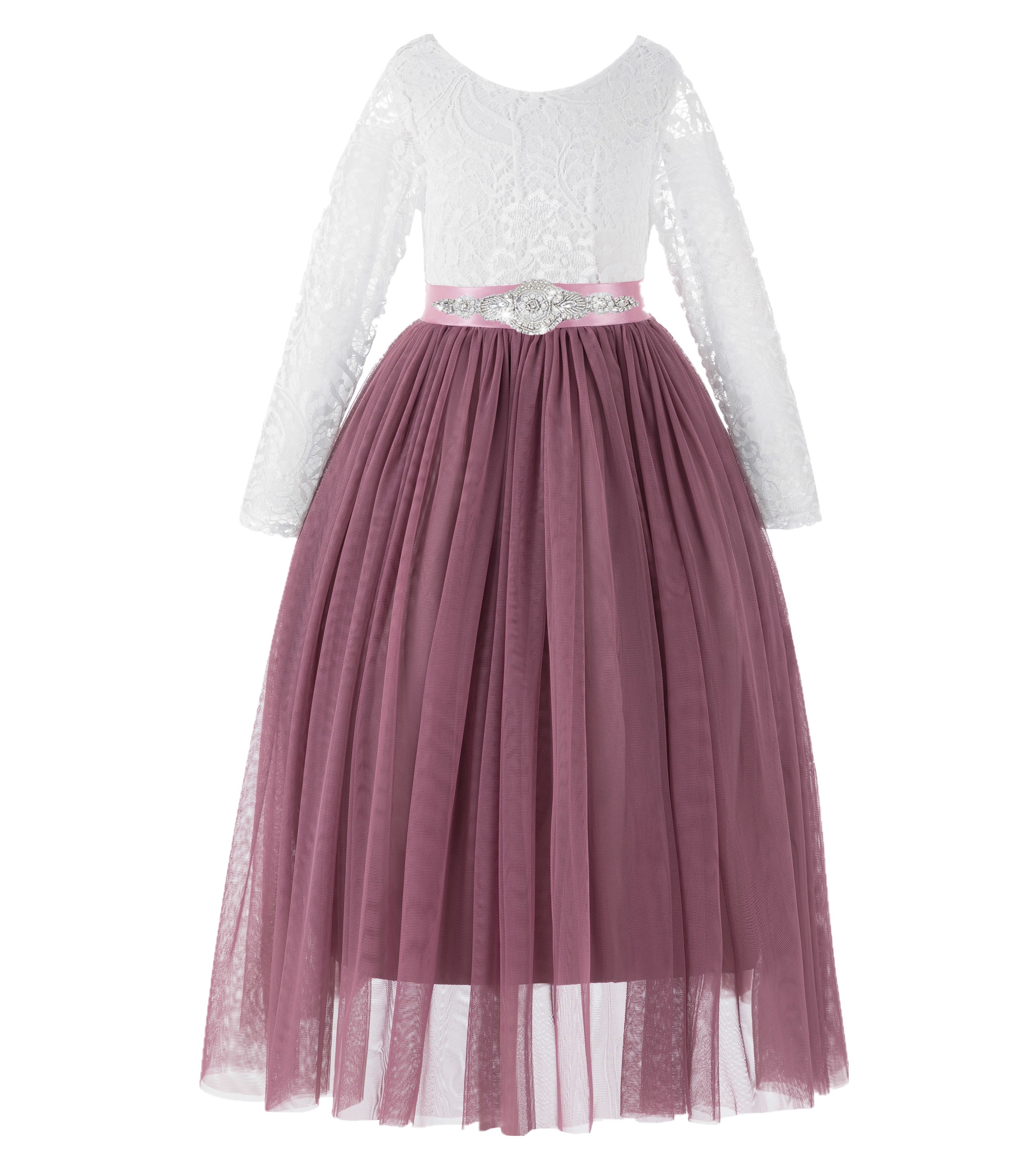 Mauve A-Line V-Back Lace Flower Girl Dress with Sleeves 290R