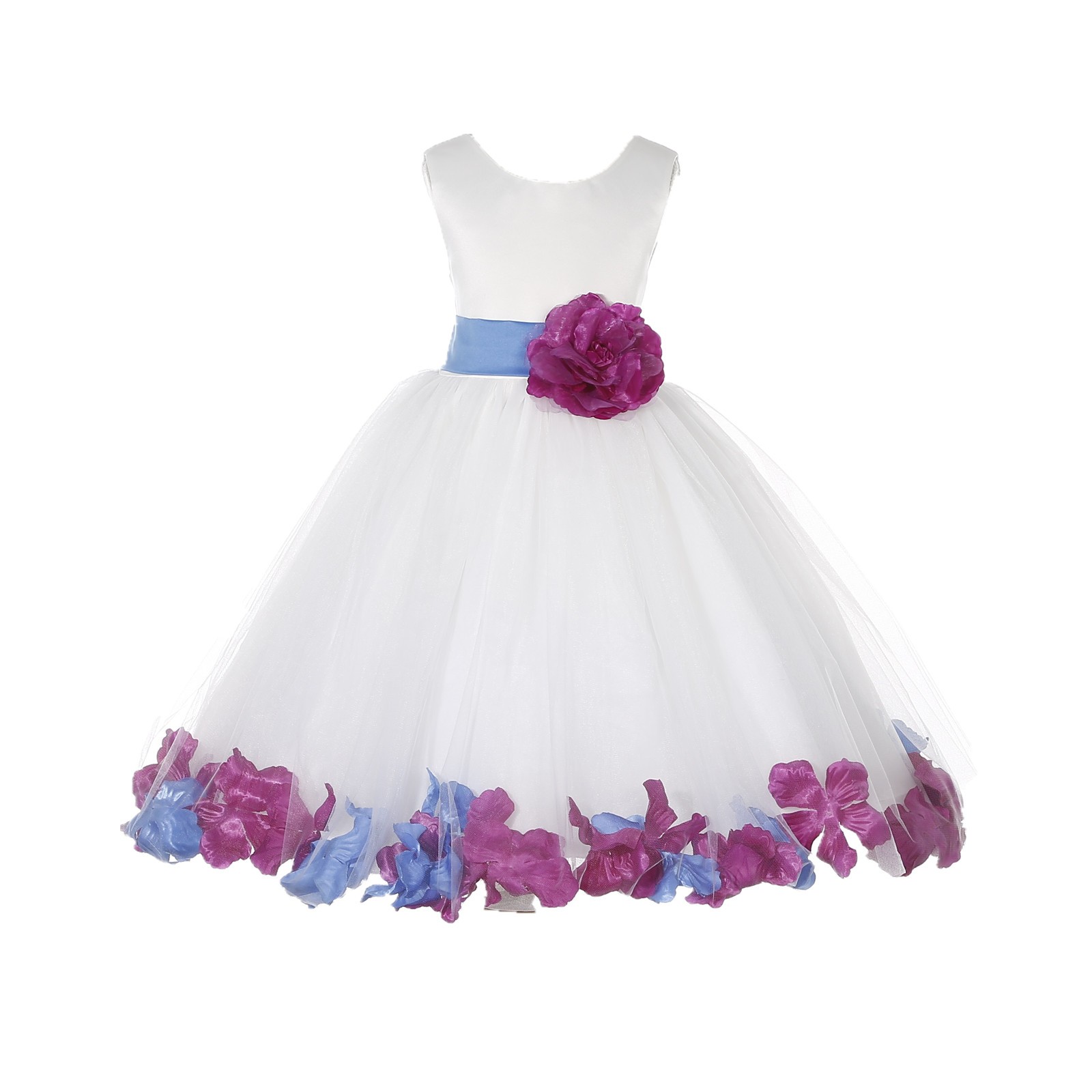 White/Cornflower-Raspberry Tulle Mixed Rose Petals Flower Girl Dress 302T