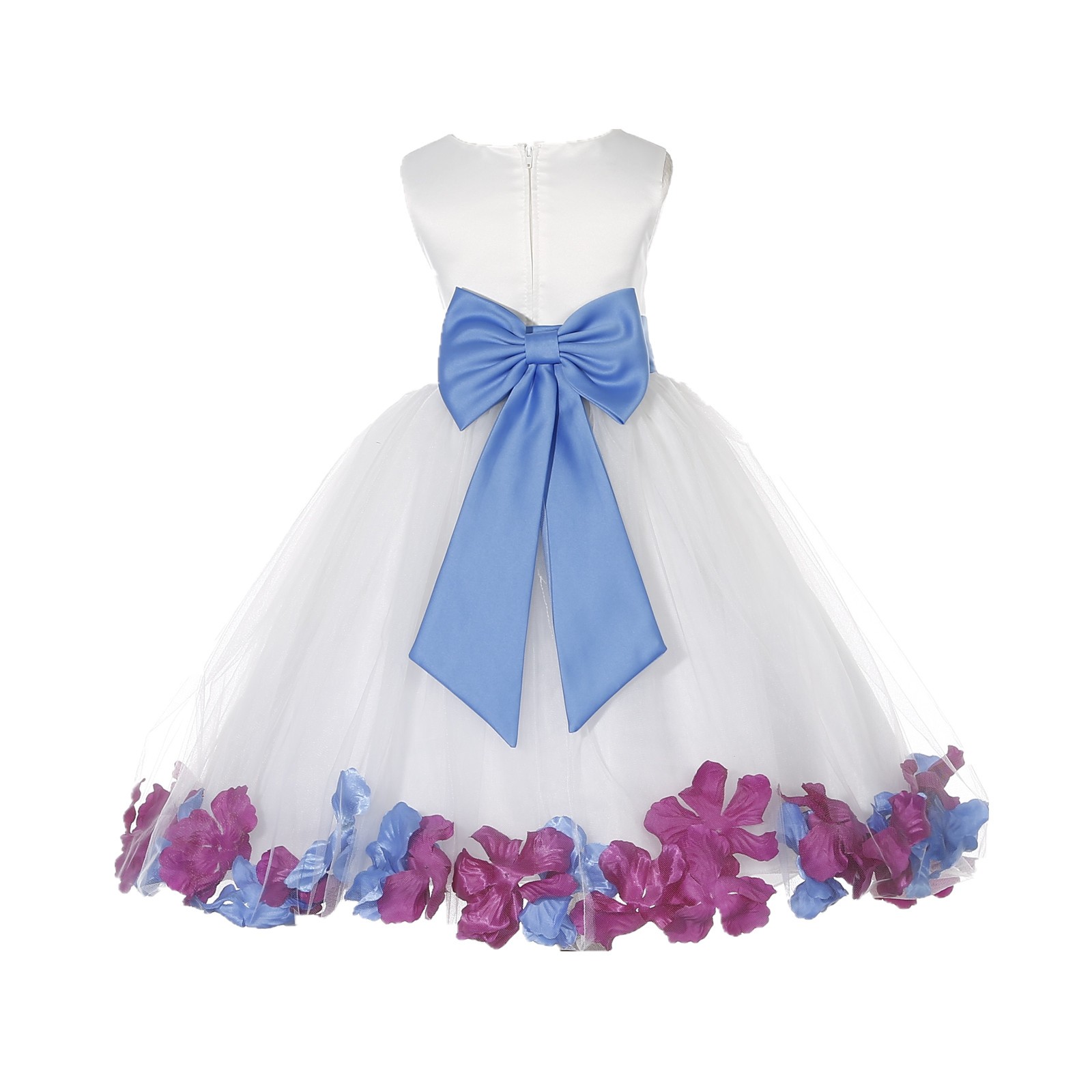 Ivory/Cornflower-Raspberry Tulle Mixed Rose Petals Flower Girl Dress 302T