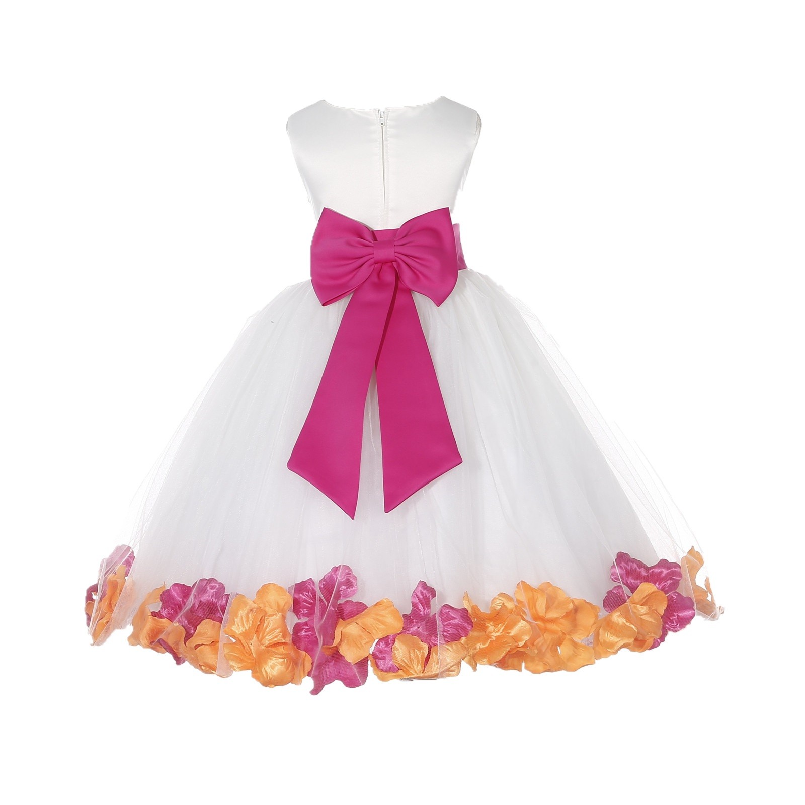 White/Fuchsia-Orange Tulle Mixed Rose Petals Flower Girl Dress 302T