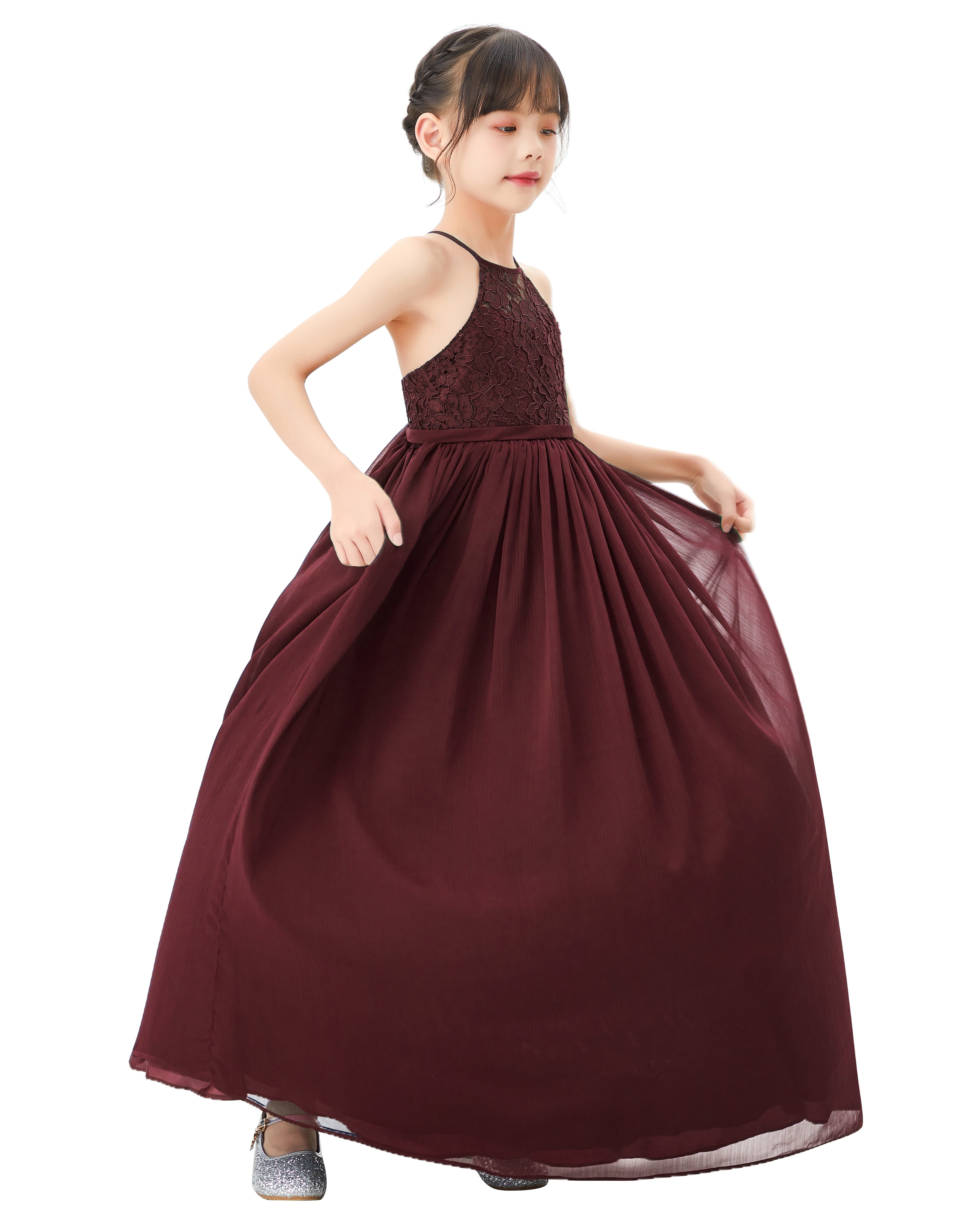 Burgundy Halter Lace Dress Criss-Cross Flower Girl Dress L248