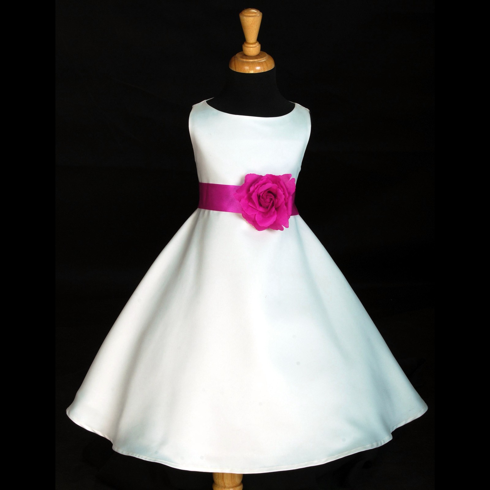White/Fuchsia A-Line Flower Pin Satin Flower Girl Dress 821S