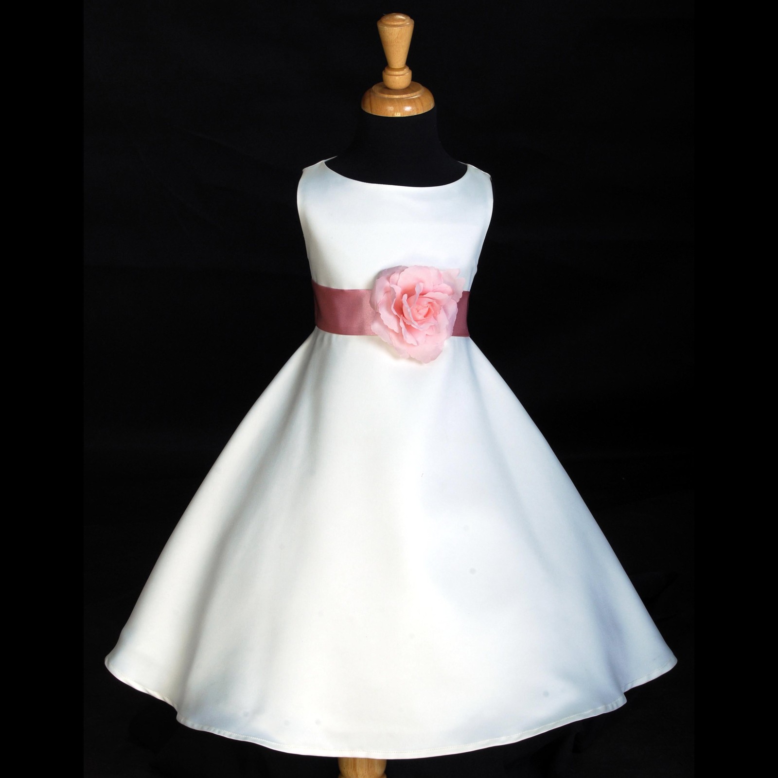 White/Pink A-Line Flower Pin Satin Flower Girl Dress 821S
